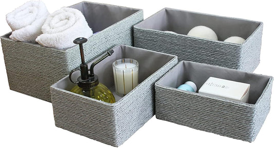 LA JOLIE MUSE Storage Baskets Set 4 - Stackable Woven Basket Paper Rope Bin, Storage Boxes for Makeup Closet Bathroom Bedroom (Gray)