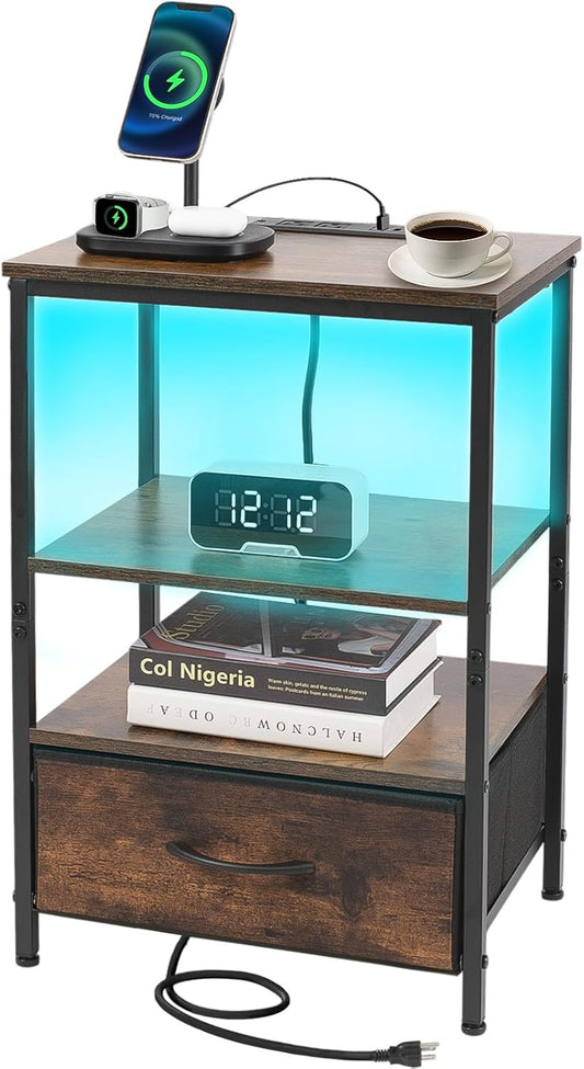 Night Stand with Charging Station, Bedside Table with Adjustable Fabric Drawers, End Table with LED Lights, Side Table with USB Ports Open Shelf for Bedroom, Brown