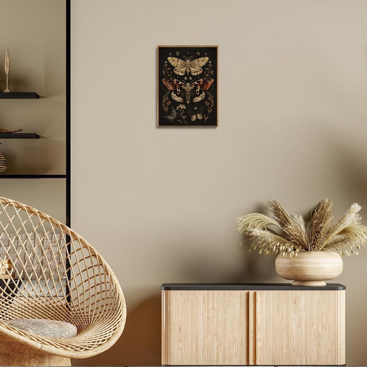 Djmwtb Vintage Framed Wall Art Moth Canvas Wall Art Prints Gothic Butterfly Floral Painting Boho Dark Academia Pictures Artwork for Living Room Bedroom Bathroom Office 12x16in