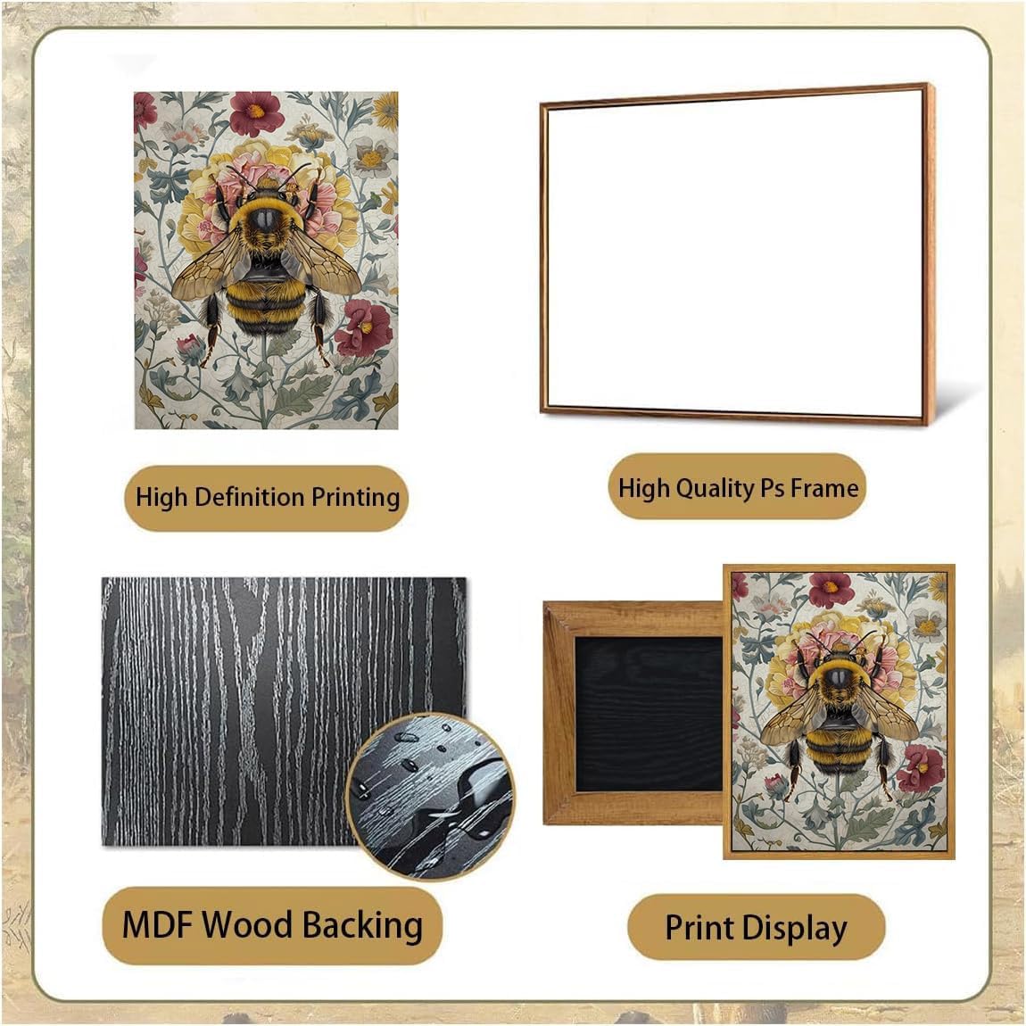 Djmwtb Framed Vintage Wall Art,Bee Wall Decor,Botanical Flower Wall Art,Nature Paintings Canvas Artwork Prints for Bedroom, Living Room 16x24in