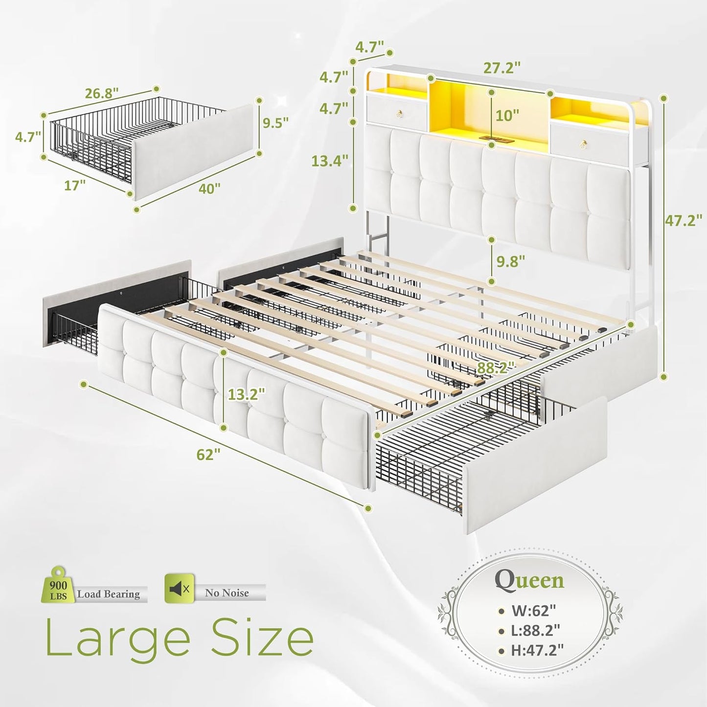 EnHomee Queen Bed Frame with Upholstered Headboard and 6 Storage Drawers,Camas Queen with LED Lights and Charging Station,no Box Spring Needed,No Noise, Easy Assembly,Velvet,Sturdy,Soft,Beige