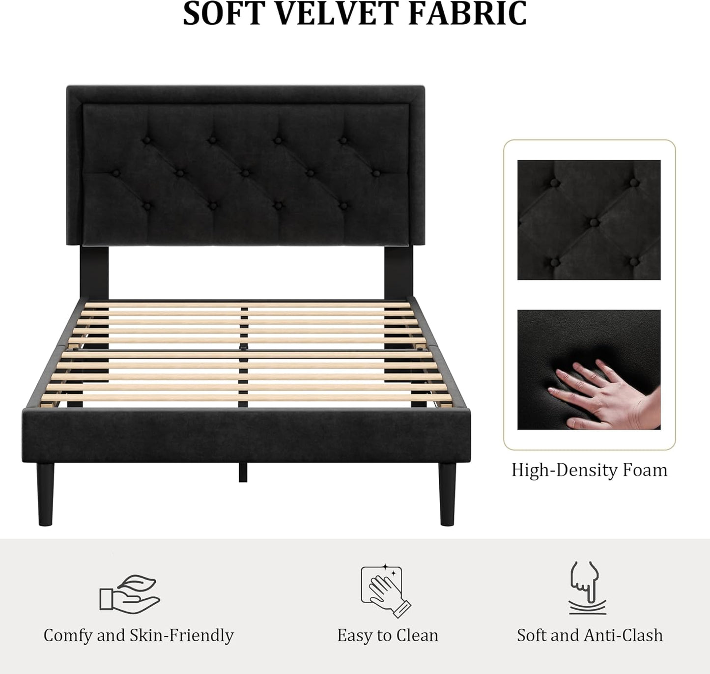 Full Size Platform Bed Frame with Upholstered Velvet Button Tufted Headboard, Mattress Foundation with Wooden Slat Support, No Box Spring Needed, Easy Assembly, Noise Free, Black