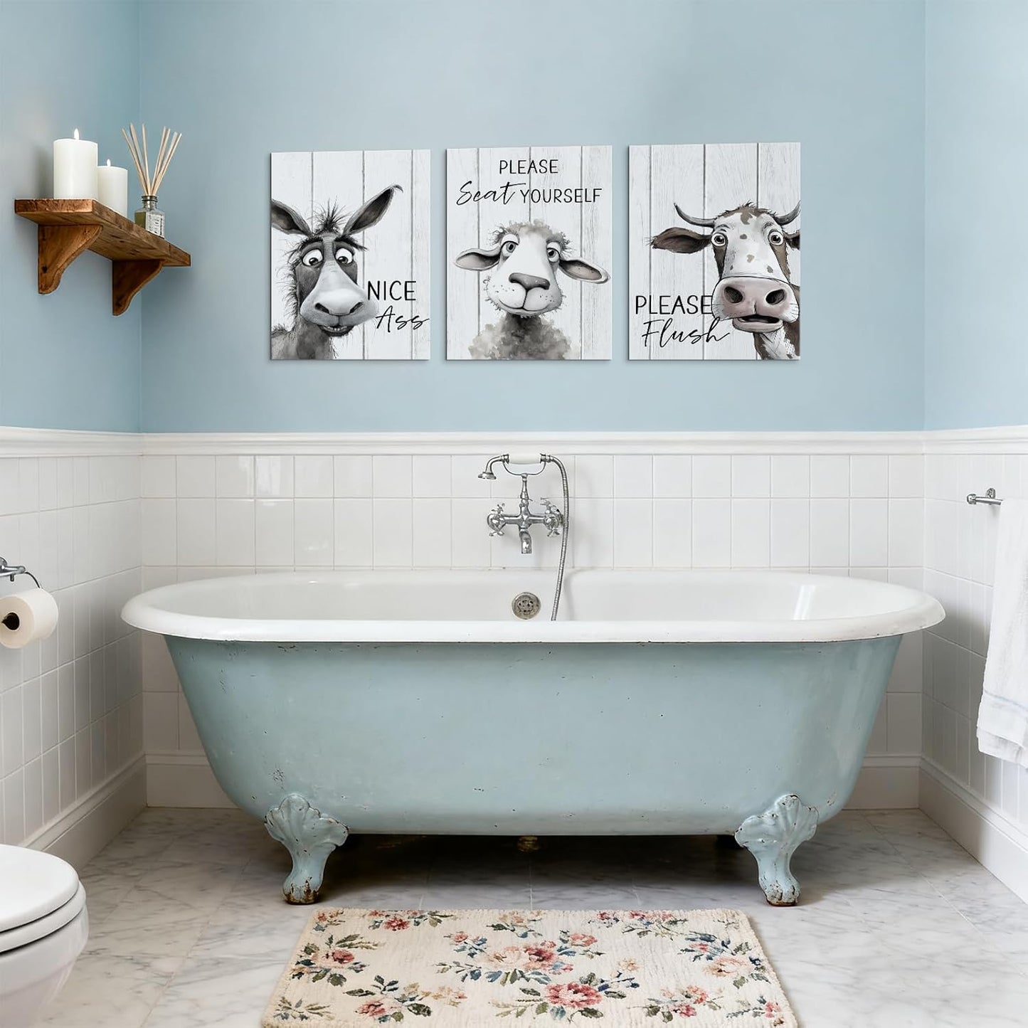 Mistyefly Funny Bathroom Quote Canvas Wall Art with Built-in Wooden Frame - Funny Animal Wall Art & Cow Sheep Donkey Pictures for Bathroom - Lightweight, Ready to Hang, 24x36x3 Inches