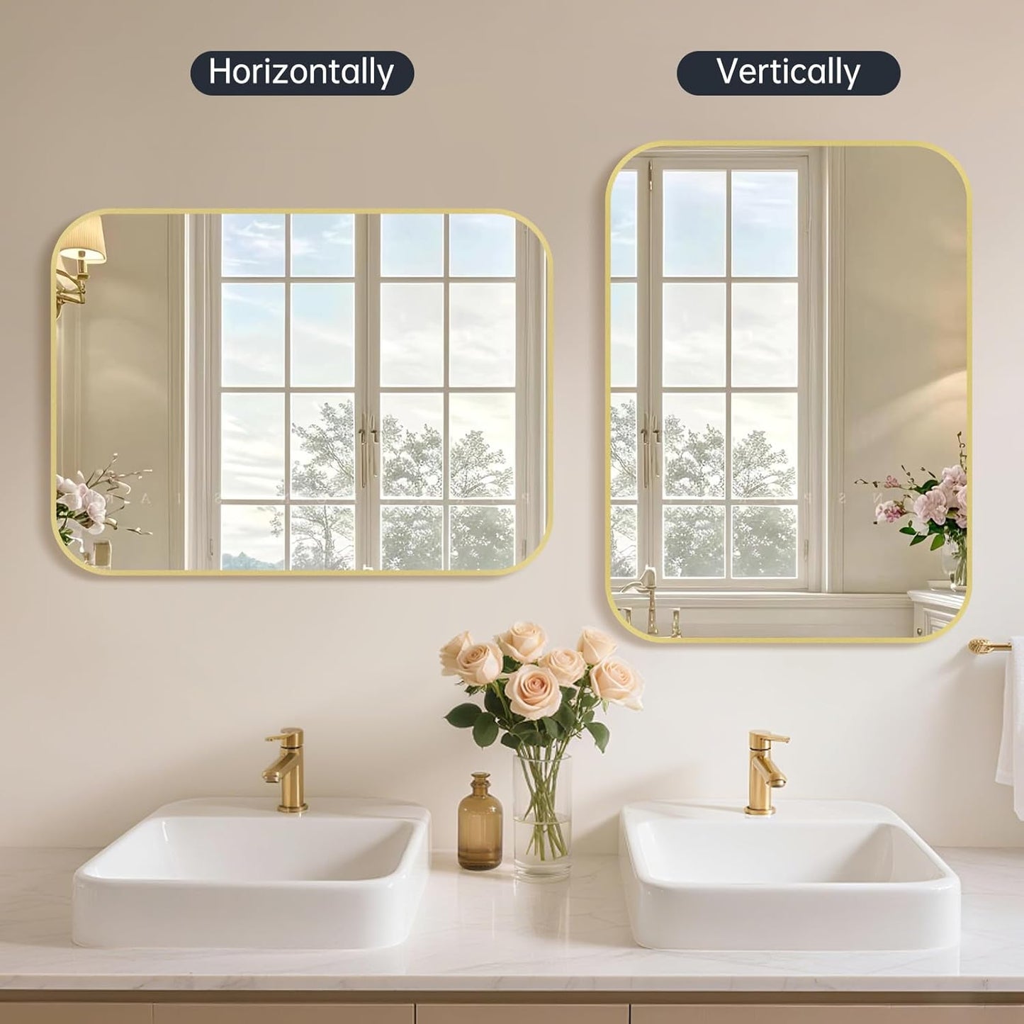 20x28 Inch Bathroom Mirror for Wall,Gold Framed Rectangle Mirror with Rounded Corner,Aluminum Alloy Framed Brushed Wall Mirror for Bedroom or Living Room,Vertical or Horizontal