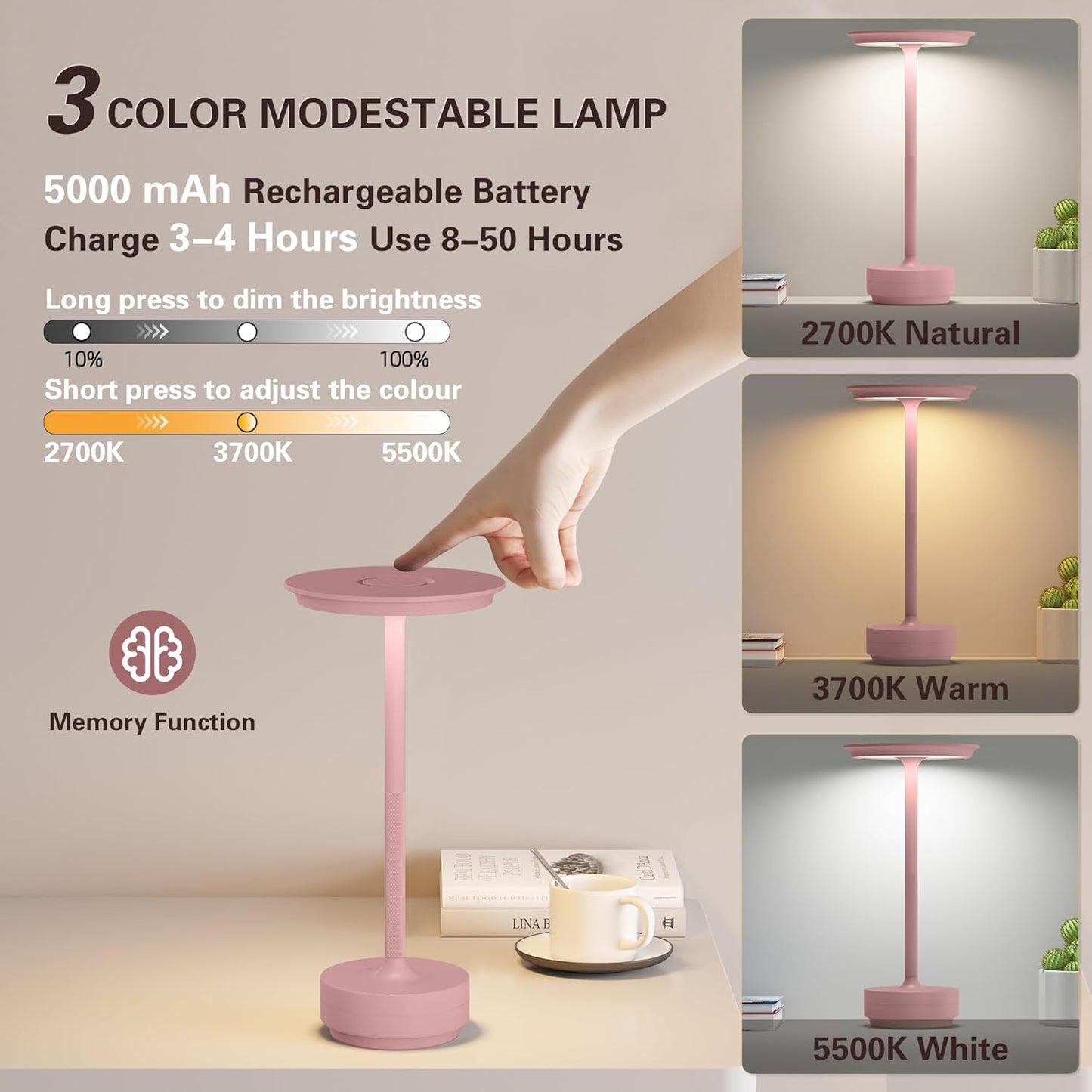 Cordless Table Lamp Set of 2, Type-C Rechargeable 5000mAh Battery Powered LED Table Lamps with Memory Function,3 Color Stepless Dimming for Outdoor Patio, Restaurant, Cafe(2P Pink)