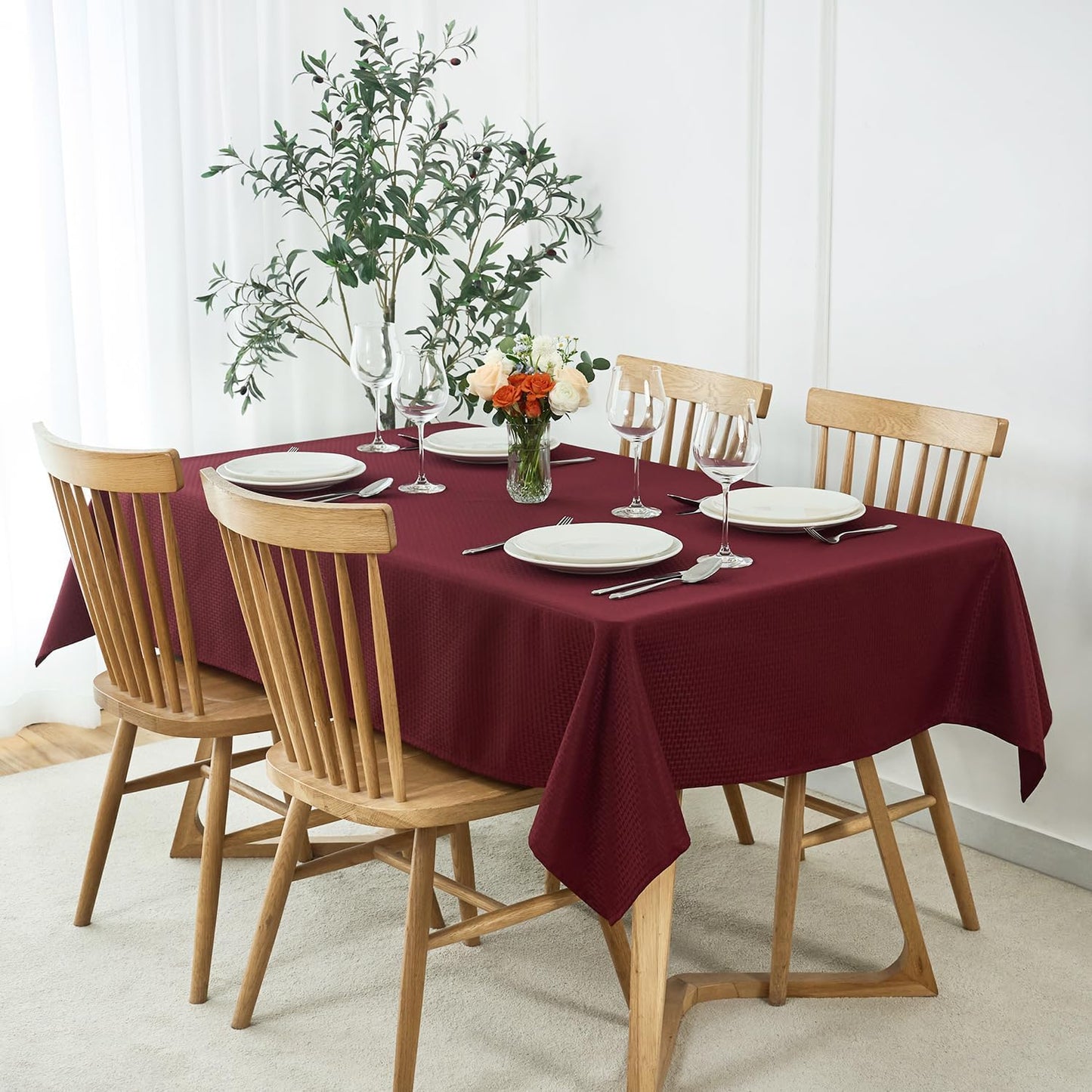 maxmill Rectangle Tablecloth Weaved Texture Design Water Resistant Wrinkle Free Spill-Proof, Soft Table Cloth for Dining Room Decoration, Banquet Parties Event Holiday Dinner, 52 x 84 Inch Burgundy