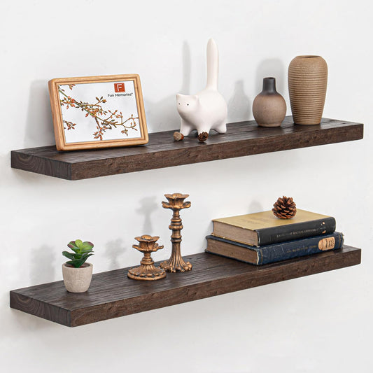 Fun Memories Floating Shelves for Wall, Rustic Solid Elm Wood Floating Shelf Wall Mounted, Wall Shelves with Invisible Bracket for Living Room Kitchen, 32 Inch Set of 2, Wanlut