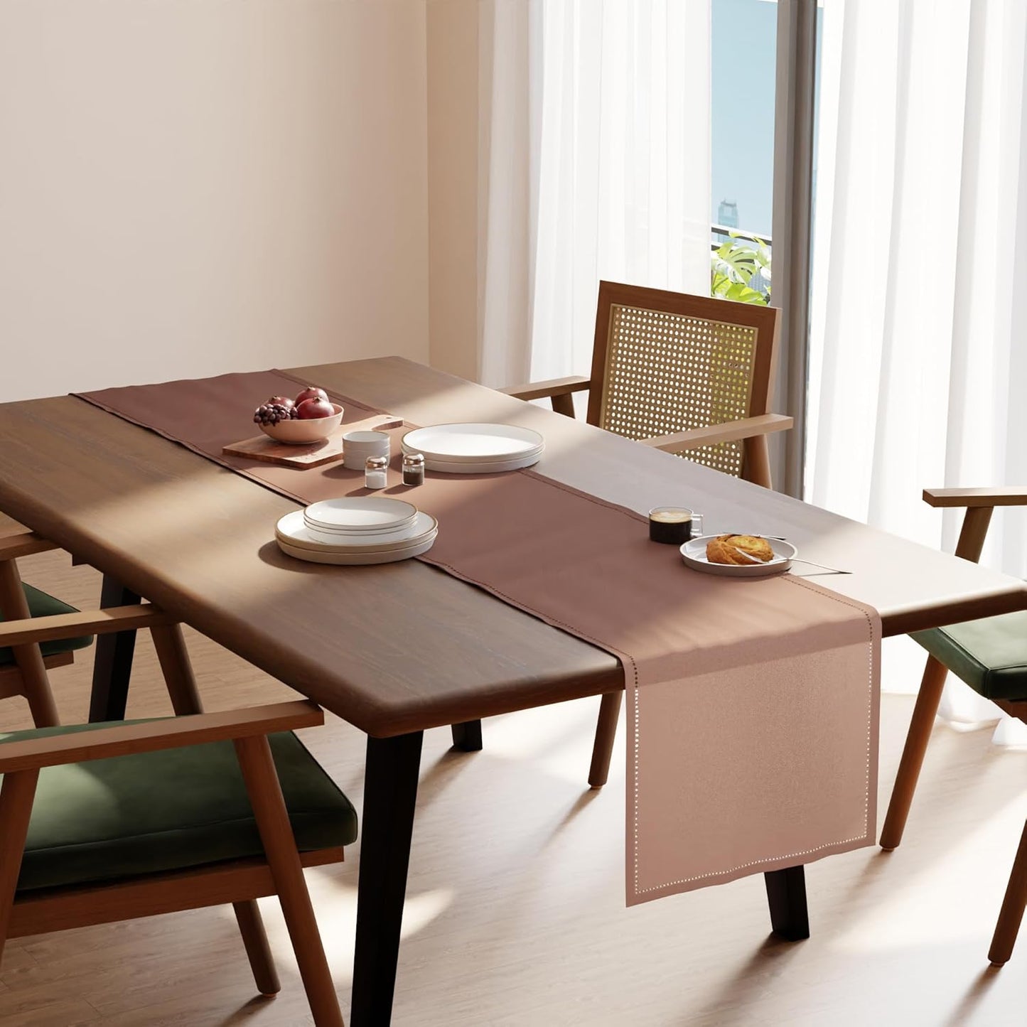 Encasa XO Dining Table Runner 13"x91" | Pure Cotton Hemstitched Design | Tan - Machine Washable