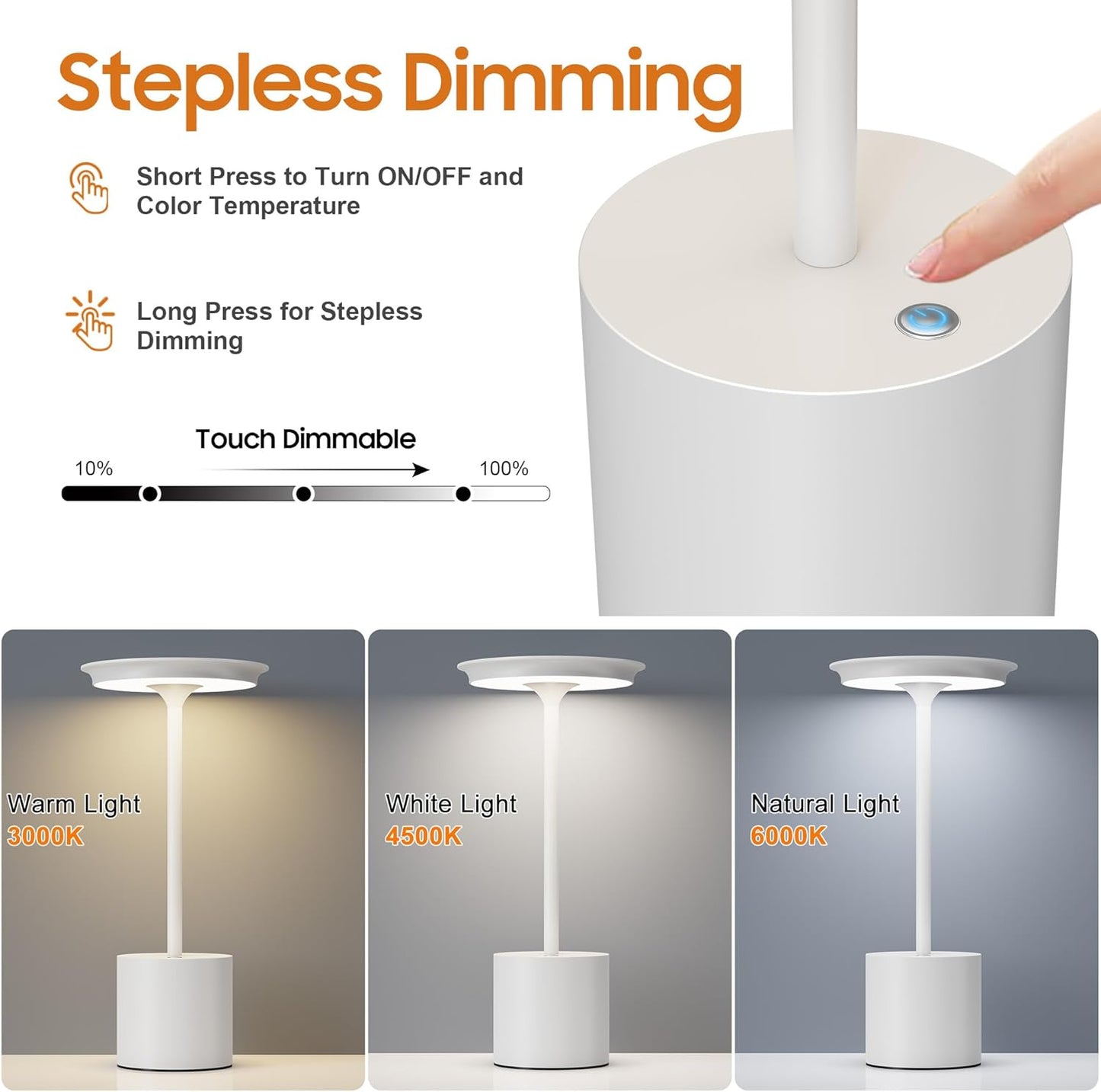 Cordless Table Lamp, Portable Rechargeable 6000mAh Outdoor Table Lamp, 3 Color Stepless Dimming Battery Powered Lamp, LED Table Light for Dinner/Bedroom/Restaurant/Outdoor (White)