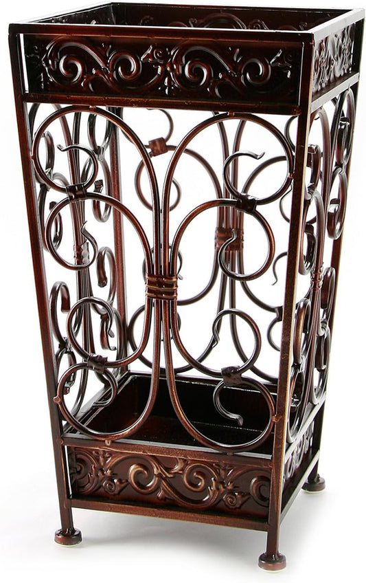 Super Quality Umbrella Stand, Umbrella Holder, Antique Look Metal, Entry Hallway Décor, Square Style, w/Removable Drip Tray. (Red-Brown)