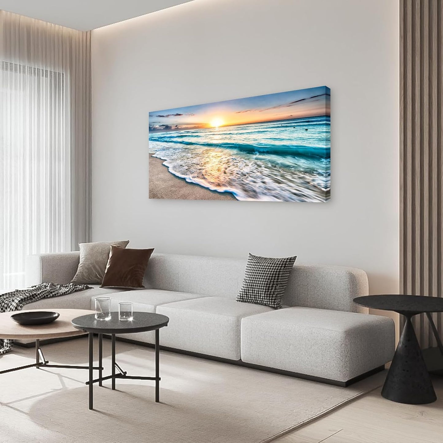 Baisuart S02298 Canvas Prints Wall Art Beach Sunset Ocean Waves Nature Pictures Stretched Canvas Wooden Framed for living Room Bedroom and Office