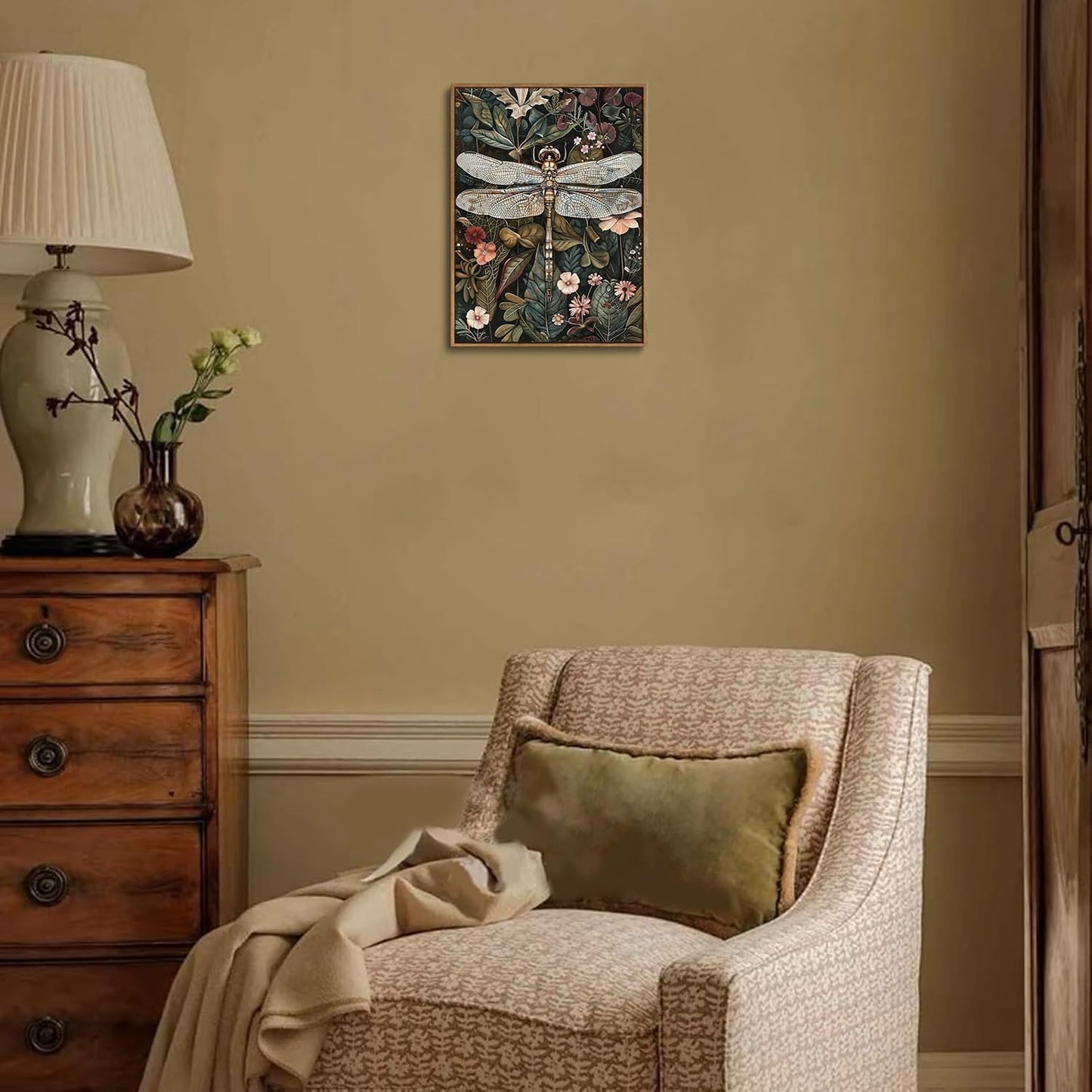 Djmwtb Vintage Dragonfly Framed Wall Art Green Botanical Canvas Art Prints Boho Flower Pictures Wall Decor Nature Floral Paintings Artwork for Living Room Bedroom Bathroom Office 12x16in