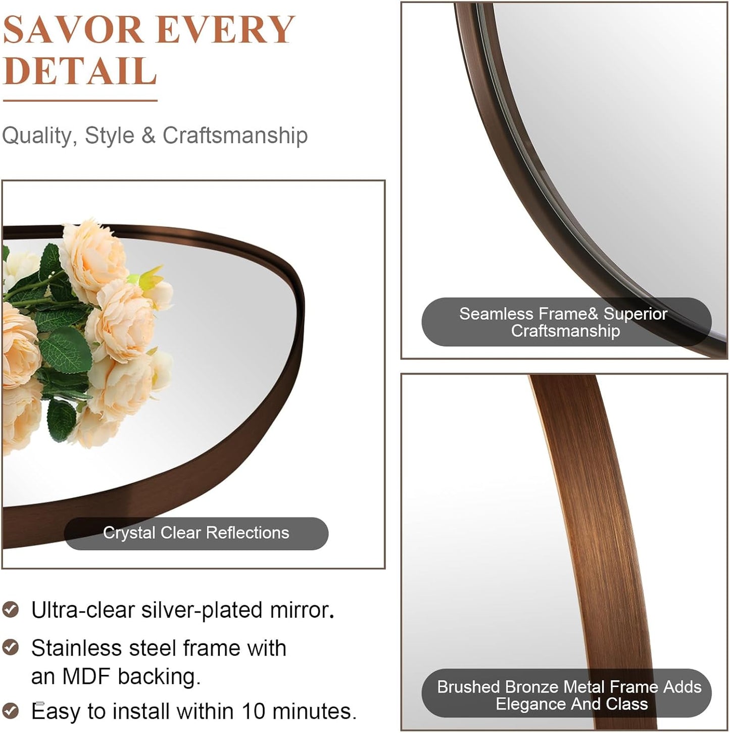 ANDY STAR Bronze Bathroom Mirror, 24"x36" Oil Bronze Asymmetrical Wall Mirror in Stainless Steel Metal Frame, Unique Vanity Mirror with Modern Curved Design, Ideal for Bathroom, Bedroom, Entryway