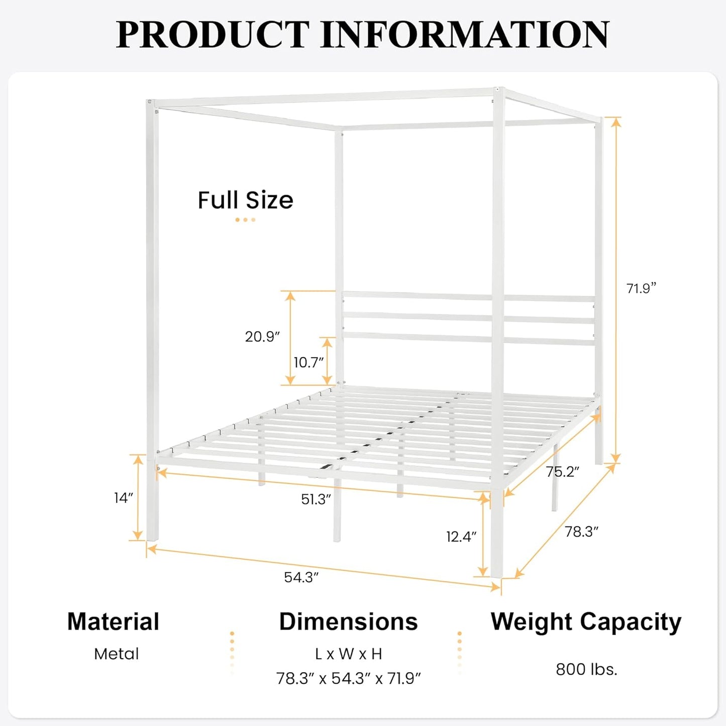 SHA CERLIN Canopy Bed Frame Full Size/Mattress Foundation with Metal Slats Support/No Box Spring Needed/Easy Assembly/White