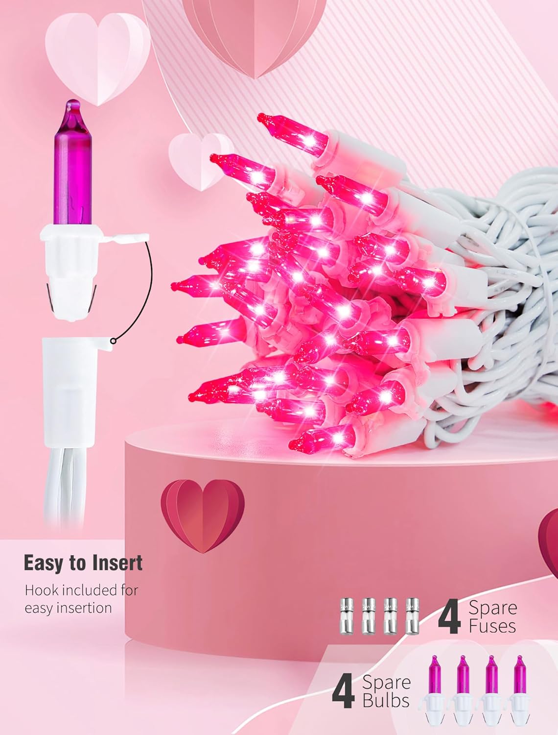 Hopolon Pink Mini Christmas Lights,2 Pack 13FT 50Count Fairy String Light Set,White Wire Incandescent Pink Valentines Day Lights Connectable for Indoor Outdoor Wedding Birthday Valentine’s Day Decor