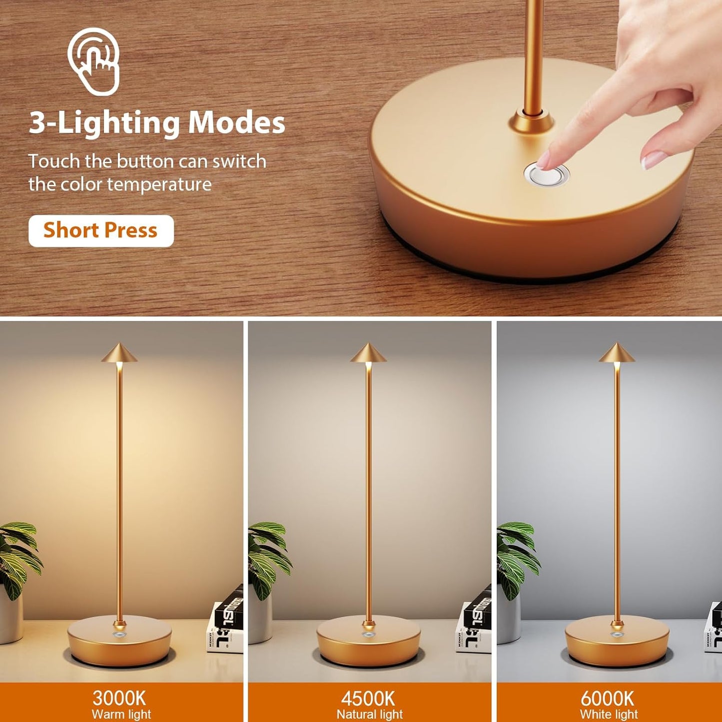 Rechargeable Cordless Table Lamp, Portable Powered LED Battery 6000mAh Metal USB Desk Lamp, 3 Levels Brightness Light for Restaurants Outdoor (Gold)