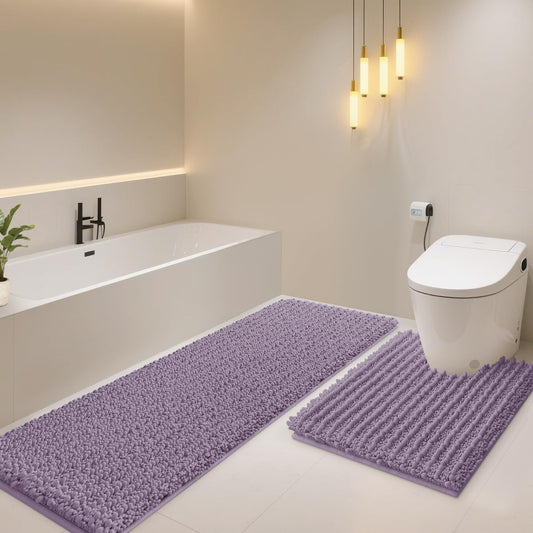 Upgrade Luxury 2 Piece Lavender Toilet Bathroom Rug Mat U Shape 24"x20"+48"x20", Ultra Soft Thick Absorbent Bath Mats, Non Slip Chenille Toilet Mat for Bathroom, Bedroom, Kitchen, Shower, Tub