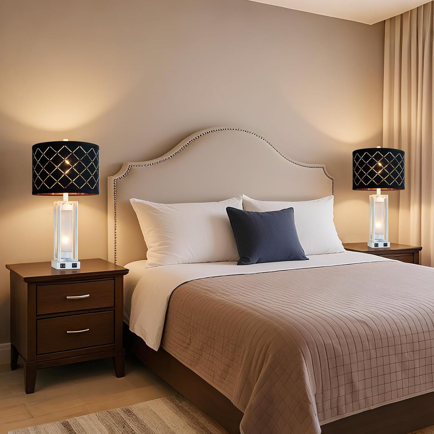 RORIANO 25" Set of 2 Farmhouse Table Lamps with USB C+A Ports, Rustic Retro Nightstand Lamps with White Night Light, Black Grid Shade, Desk Lamps for Bedroom Bedside, 4 Bulbs Included