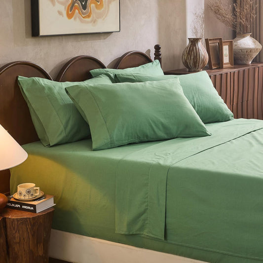100% Linen Sheet Set Queen Size Extra Deep Pocket Fits 18-24 Inch Mattress, Breathable & Soft, Smooth 6-Piece Set for Thick Mattresses Hotel Luxury Bedding（Queen, Sage Green）