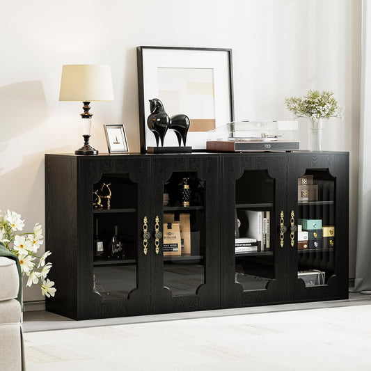 Modular Buffet Storage Cabinet, Glass 4-Door Kitchen Sideboard Buffet Console w/Adjustable Shelves, Wood Modular Organizer for Kitchen Living Room, 63 Inch