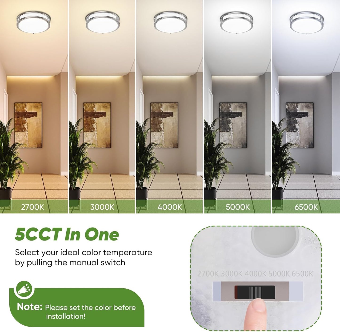 10 Inch LED Flush Mount Ceiling Light, Brushed Nickle Kitchen Lighting Fixture with 2700K/3000K/4000K/5000K/6500K 5 Color Adjusted, Dimmable Modern Round LED Light for Bedroom Living Room, 1-Pack