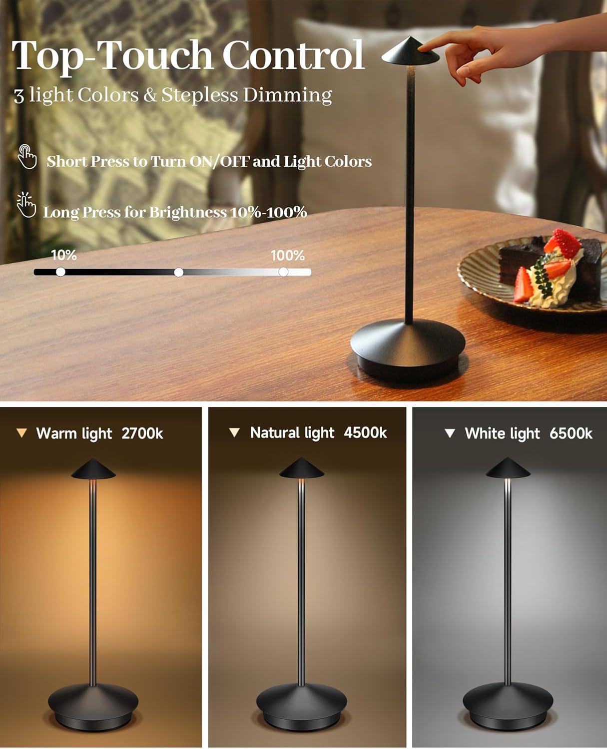 Portable Led Cordless Lamp Table Light 2 Pack, Rechargeable 6000mAh Battery Outdoor Table Lamp for Dinning Restaurant Patio Bedroom Camping, IP54 Waterproof, Dimmable