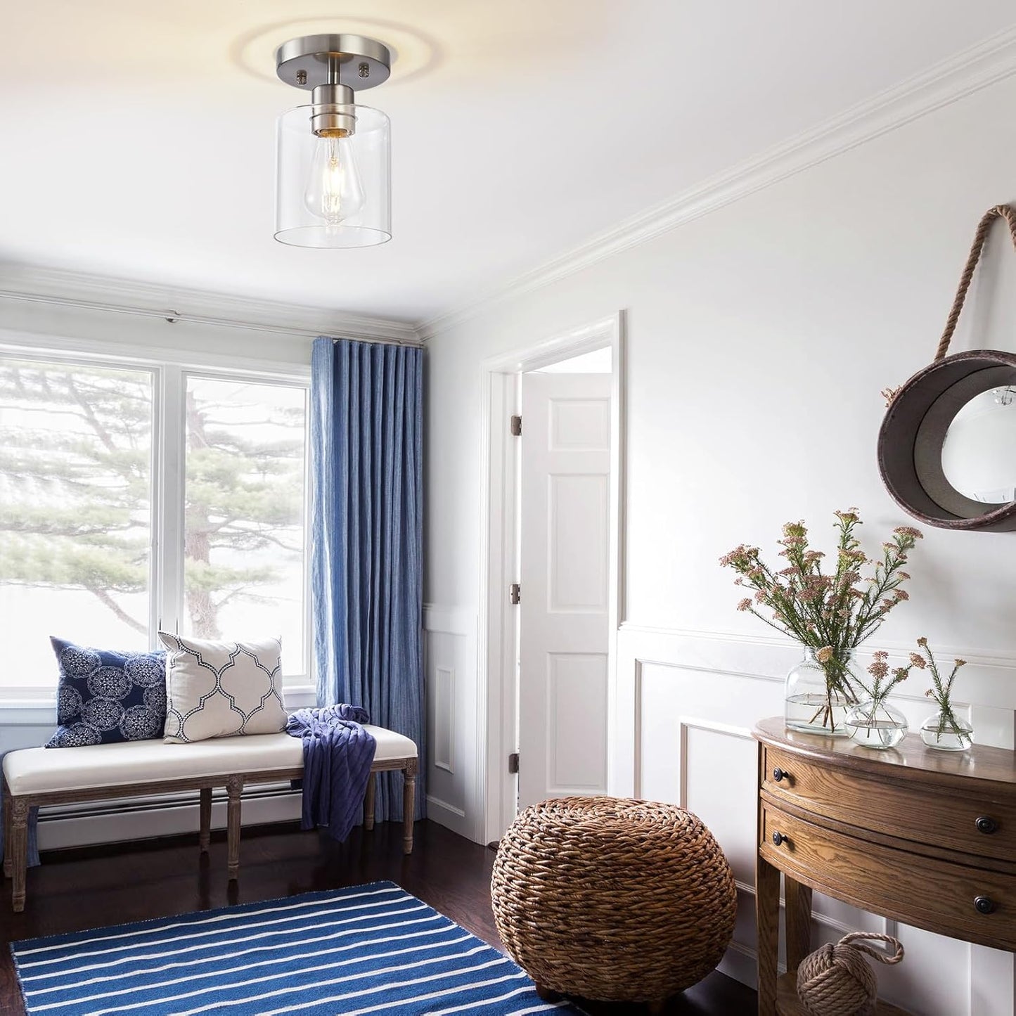 1-Light Semi Flush Mount Ceiling Lights, Brushed Nickel Kitchen Lighting Fixtures Ceiling, Modern Ceiling Light Fixtures with Clear Glass Shade for Hallway Foyer Entryway(3 Pack)