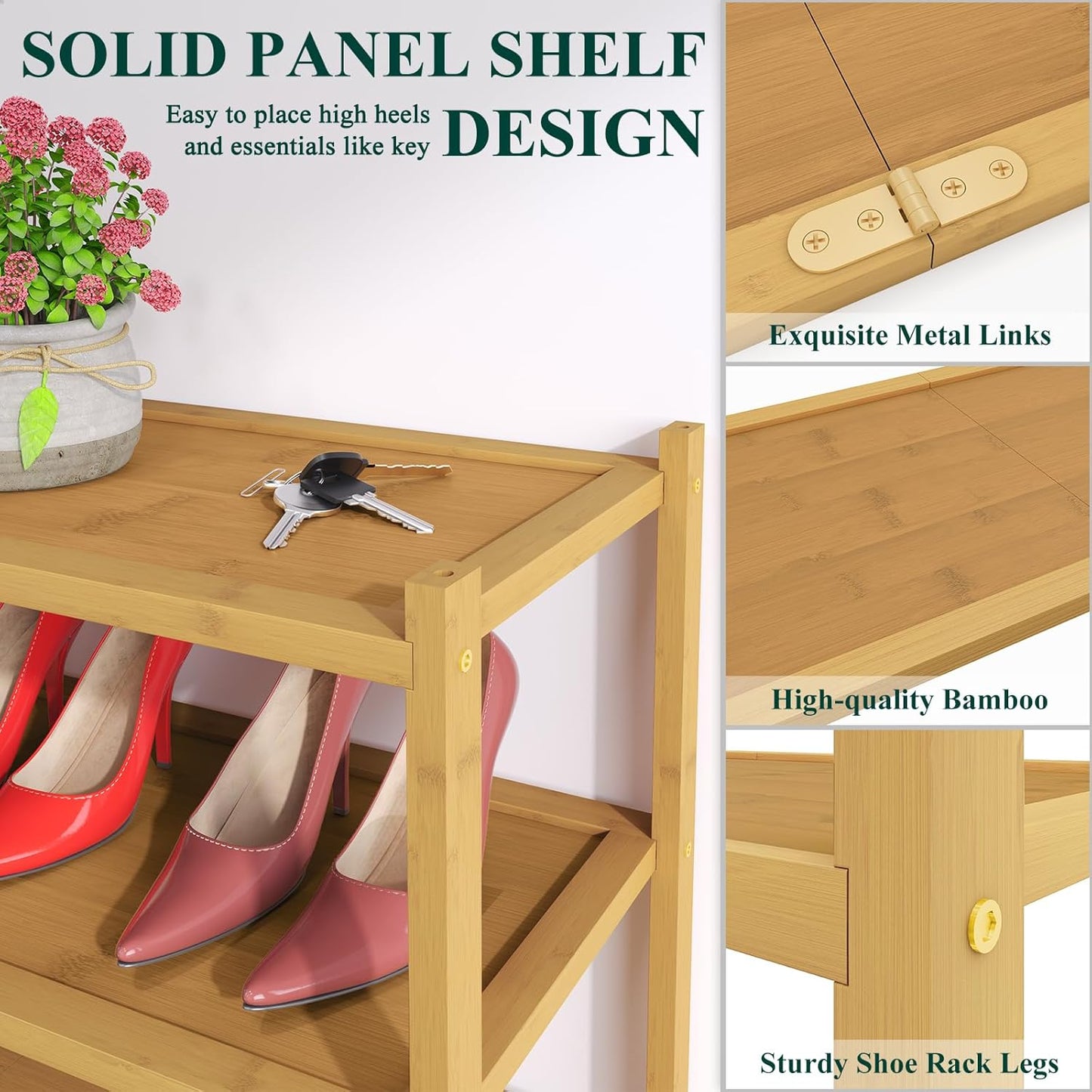 Smiry Bamboo Shoe Rack, 3 Tier Shoe Organizer for Entryway & Closet, Stackable Free Standing Storage Shelf for Shoes, Bags & Plants, Natural