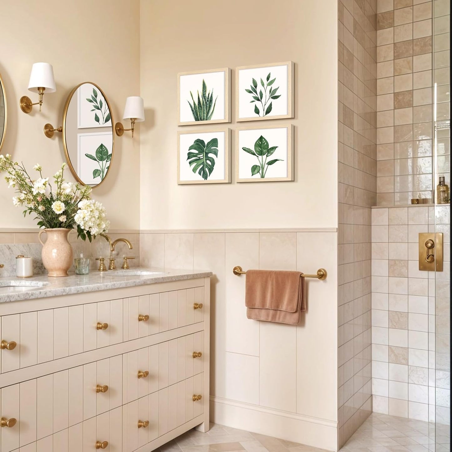 ArtbyHannah Framed Bathroom Wall Decor, 10x10 Inch Botanical Wall Art with Sage Green Plant Print for Wall Decoration, Minimalist Restroom Decor (Natural)