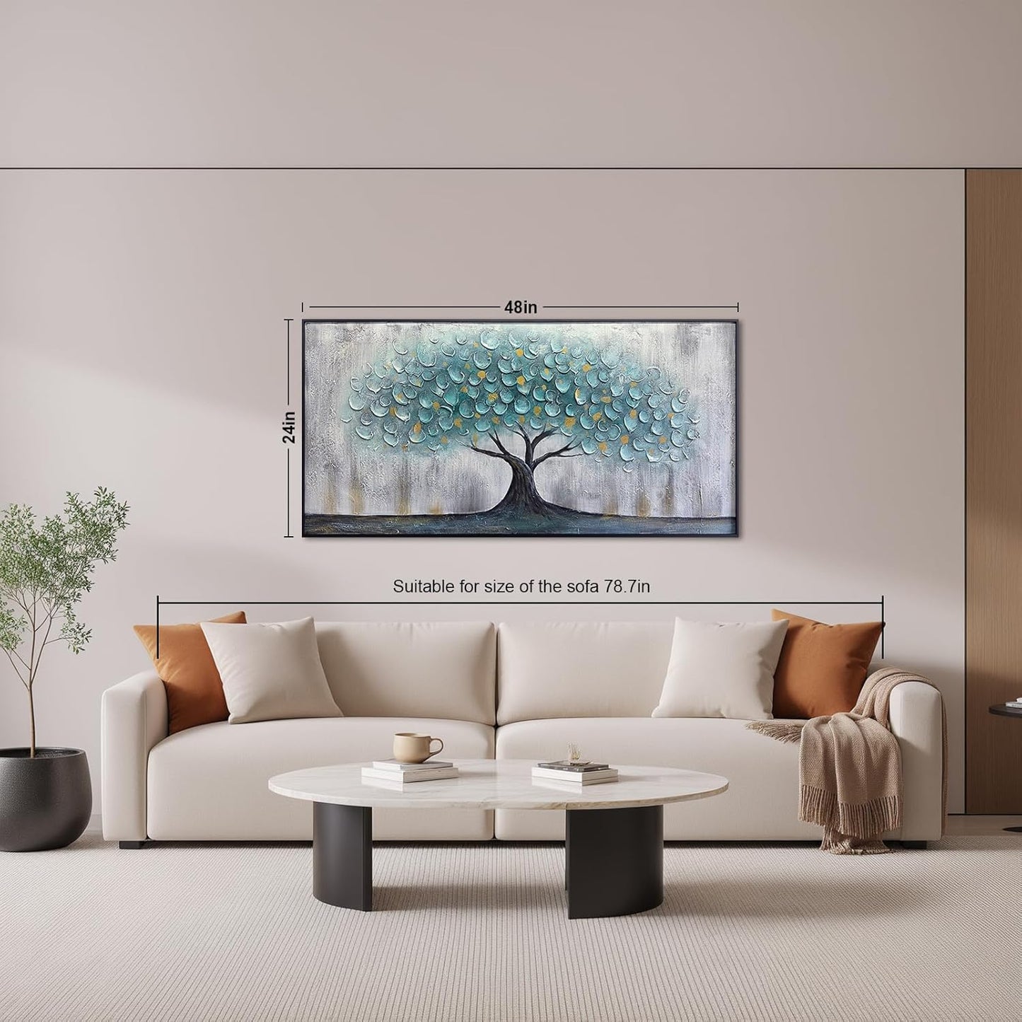 Teal Blue Tree of Life Canvas Wall Art for Living Room, Hand Painted Modern Abstract Textured Painting, Large Framed Panoramic Landscape wall art for Living Room, Bedroom, Office, Home Decor 48"x24"