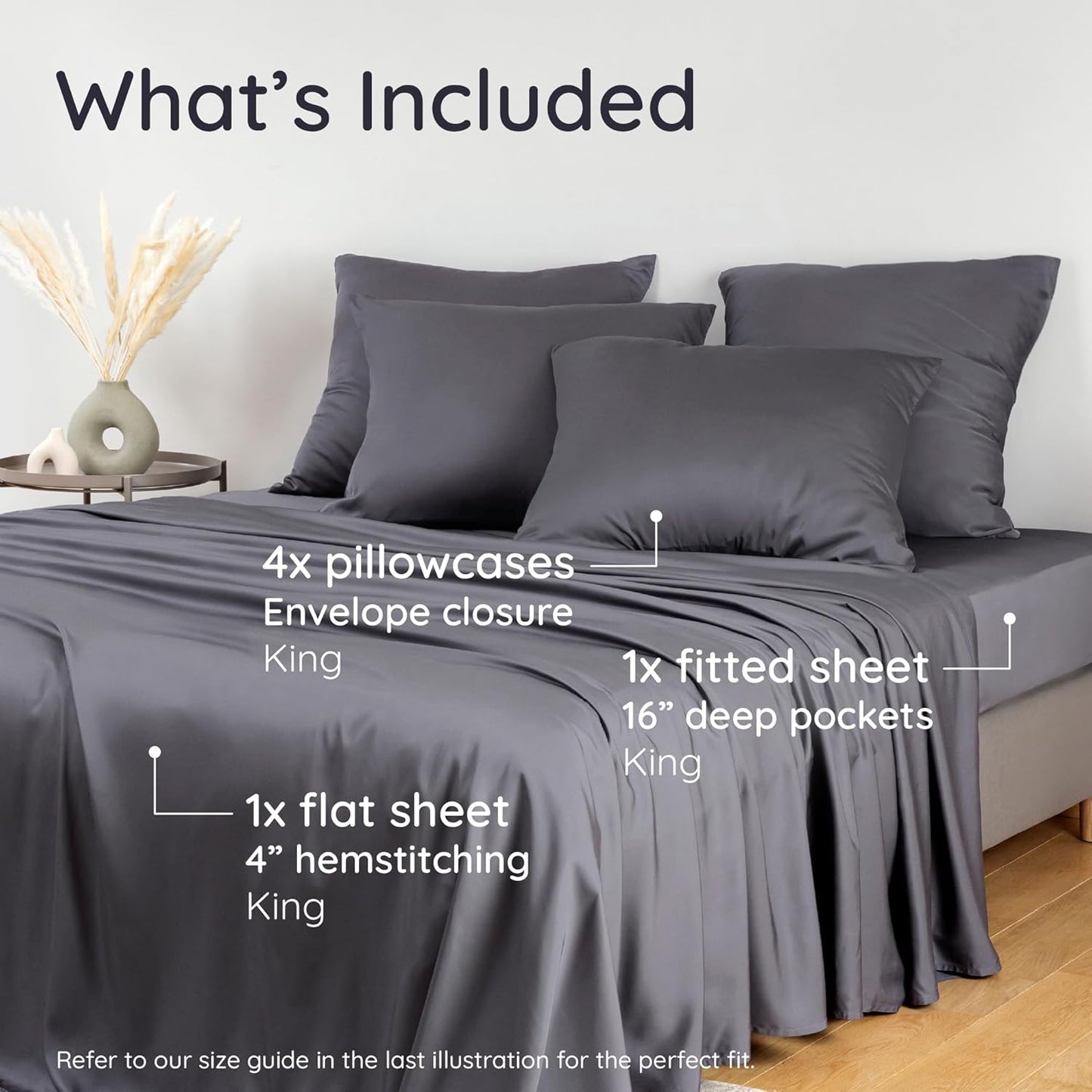 Bambaw 100% Viscose Derived from Bamboo Sheets King Size Set – 6pcs Set of Cooling Sheets for Hot Sleepers, Super Soft Bed Sheets King, Fits Up to 16'' Mattresses, Luxury Bedding Sets King (Charcoal)