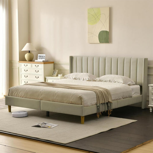 YUHUASHI upholstered Platform Bed Frame/King Bed Frame/Modern Geometric Double-Wing Design headboard/Linen Fabric/Easy to Assemble no Noise (Beige, King (U.S. Standard))