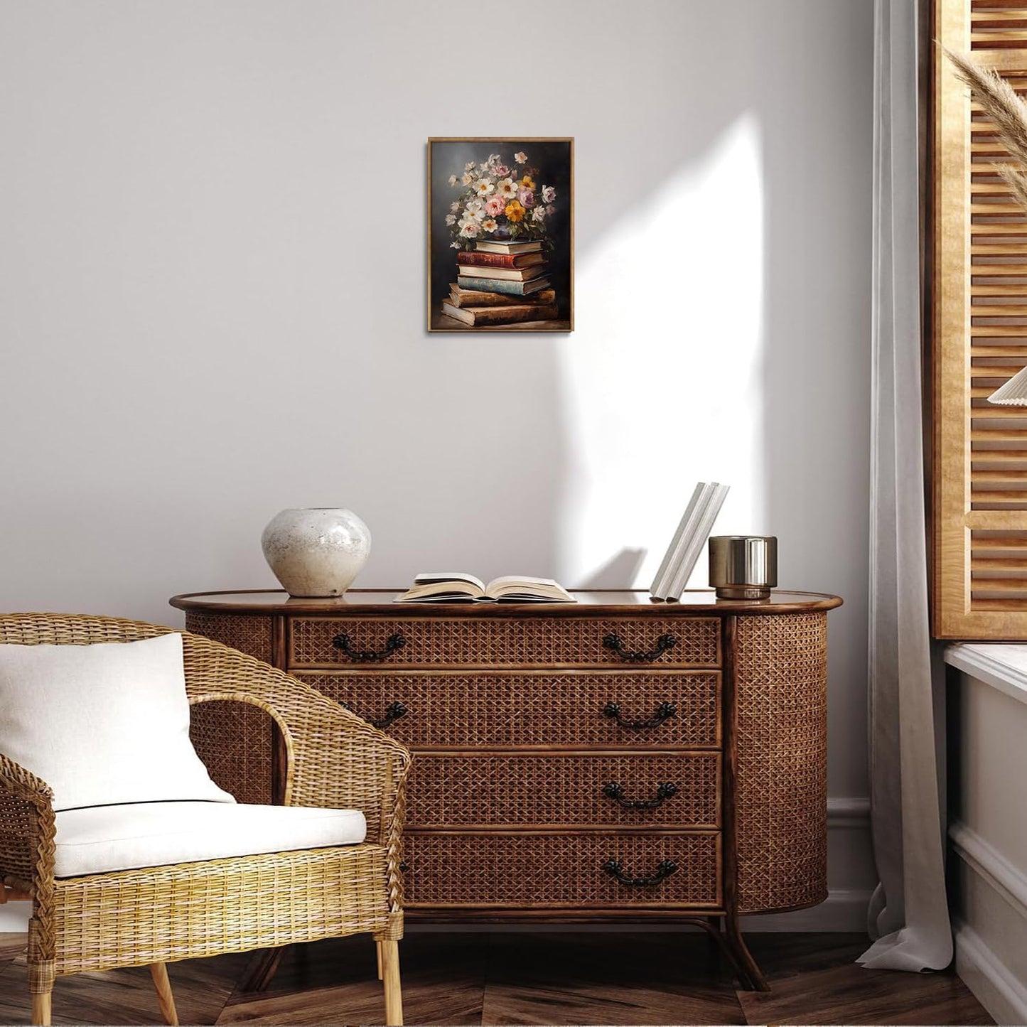 Djmwtb Vintage Framed Wall Art Floral Book Canvas Wall Art Literary Art Prints Flower Painting Moody Pictures Wall Decor Artwork for Living Room Bedroom Bathroom Office 8x10in