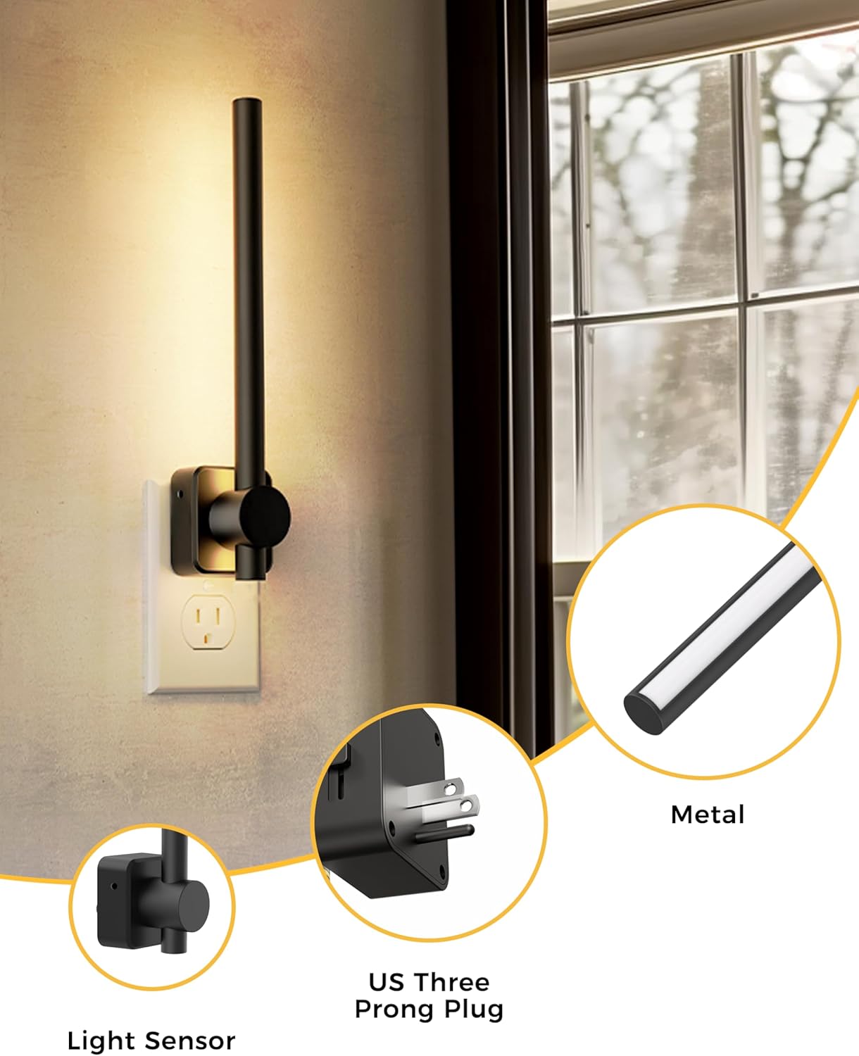 L LOHAS LED Night Light, Night Lights Plug into Wall, 0-200LM Bathroom Nightlight, Dusk to Dawn Sensor 2W Dimmable Nightlights, Soft White 3000K, Modern Black Night Light for Mirror Restroom, 1 Pack