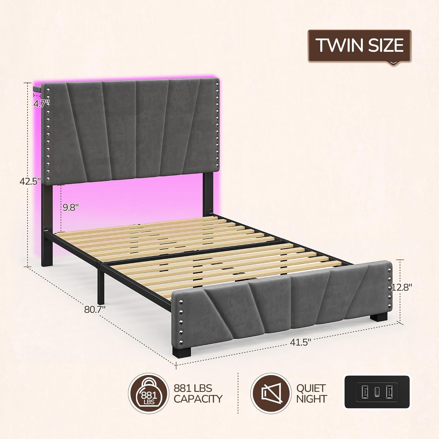 EnHomee Twin Bed Frame, Velvet Bed Frame with Headboard and Led Light, Platform Bed Frame for Bedroom Apartment, Dorm, Noise-Free, Easy Assembly, Dark Gray
