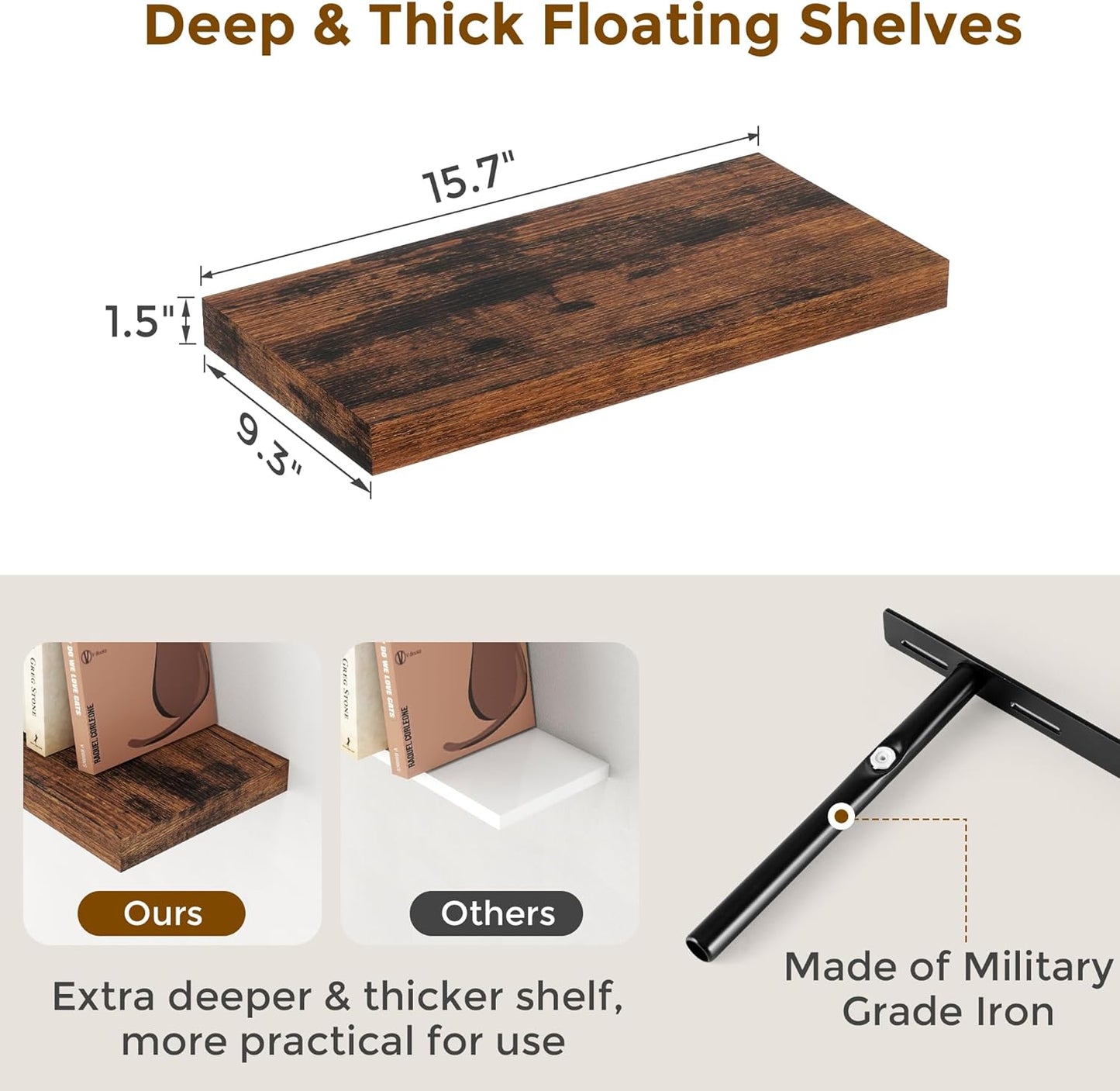 Floating Shelves for Wall, 16x9.3 Wall Shelves Set of 2, Rustic Deep Bathroom Shelf, 9.3 Inch Deep Floating Shelf for Home Decor & Storage, Deep Shelves for Kitchen, Bedroom, Rustic Brown Color
