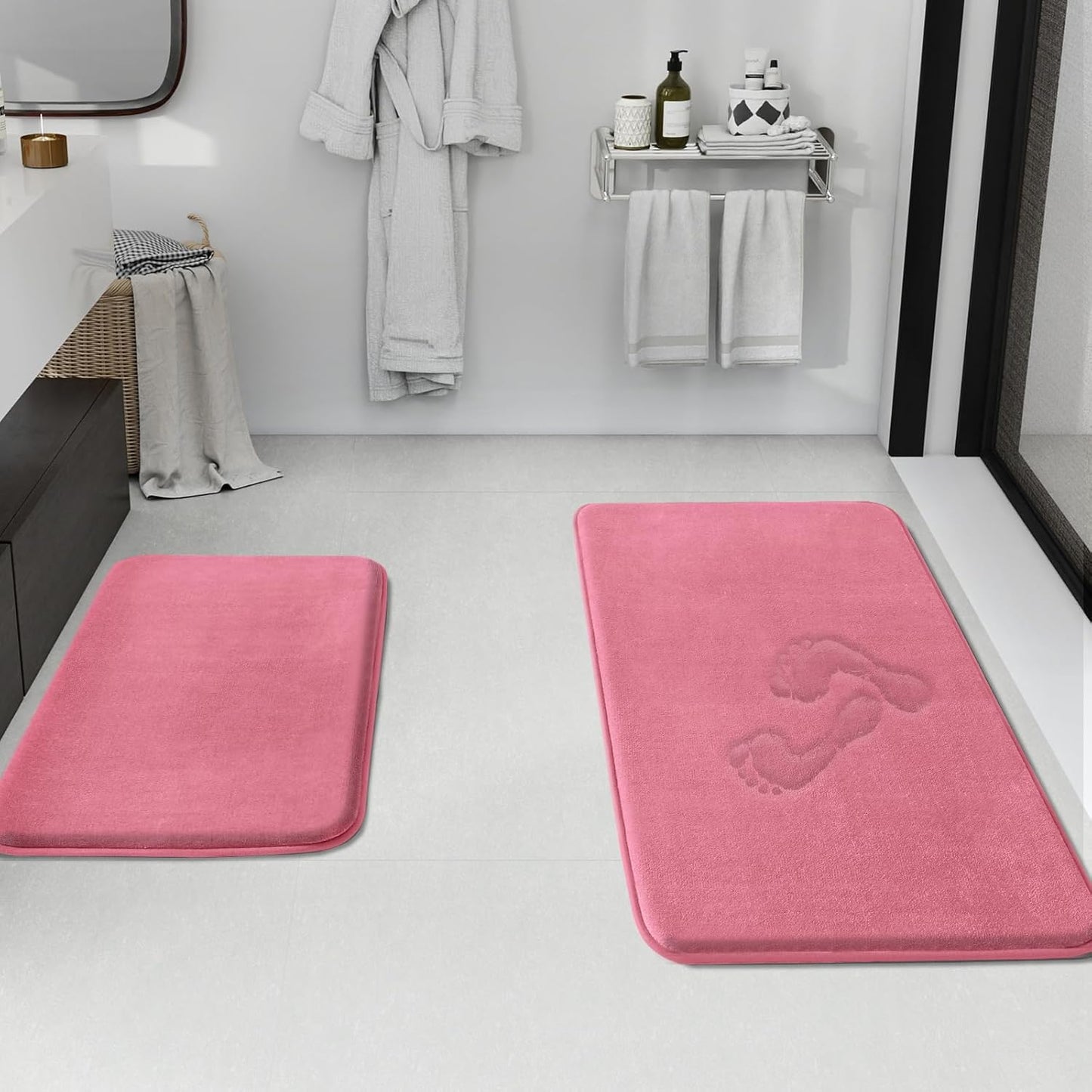 HUXMEYSON Bathroom Rugs Sets 2 Piece, Non-Slip & Quick Dry Bath Mat Set, Ultra Soft Velvet Bath Rugs for Bathroom, Toilet and Shower Floor, Pink