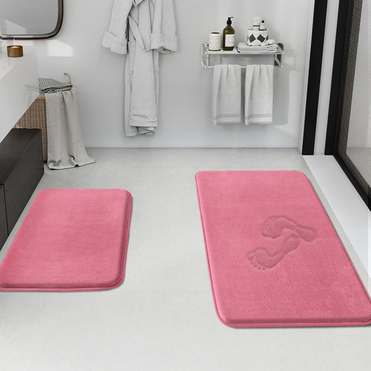 HUXMEYSON Bathroom Rugs Sets 2 Piece, Non-Slip & Quick Dry Bath Mat Set, Ultra Soft Velvet Bath Rugs for Bathroom, Toilet and Shower Floor, Pink