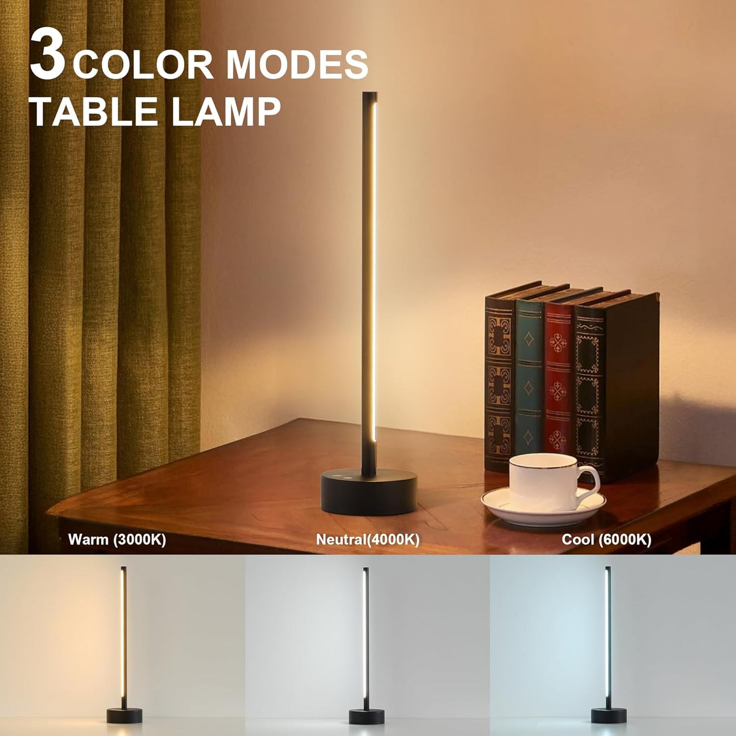 Cordless LED Table Lamp, Battery Operated Portable Desk Lamp,Dimmable/3 Color/Memory Function,Modern Rechargeable Table Light for Living Room,Bedroom,Bedside,Black
