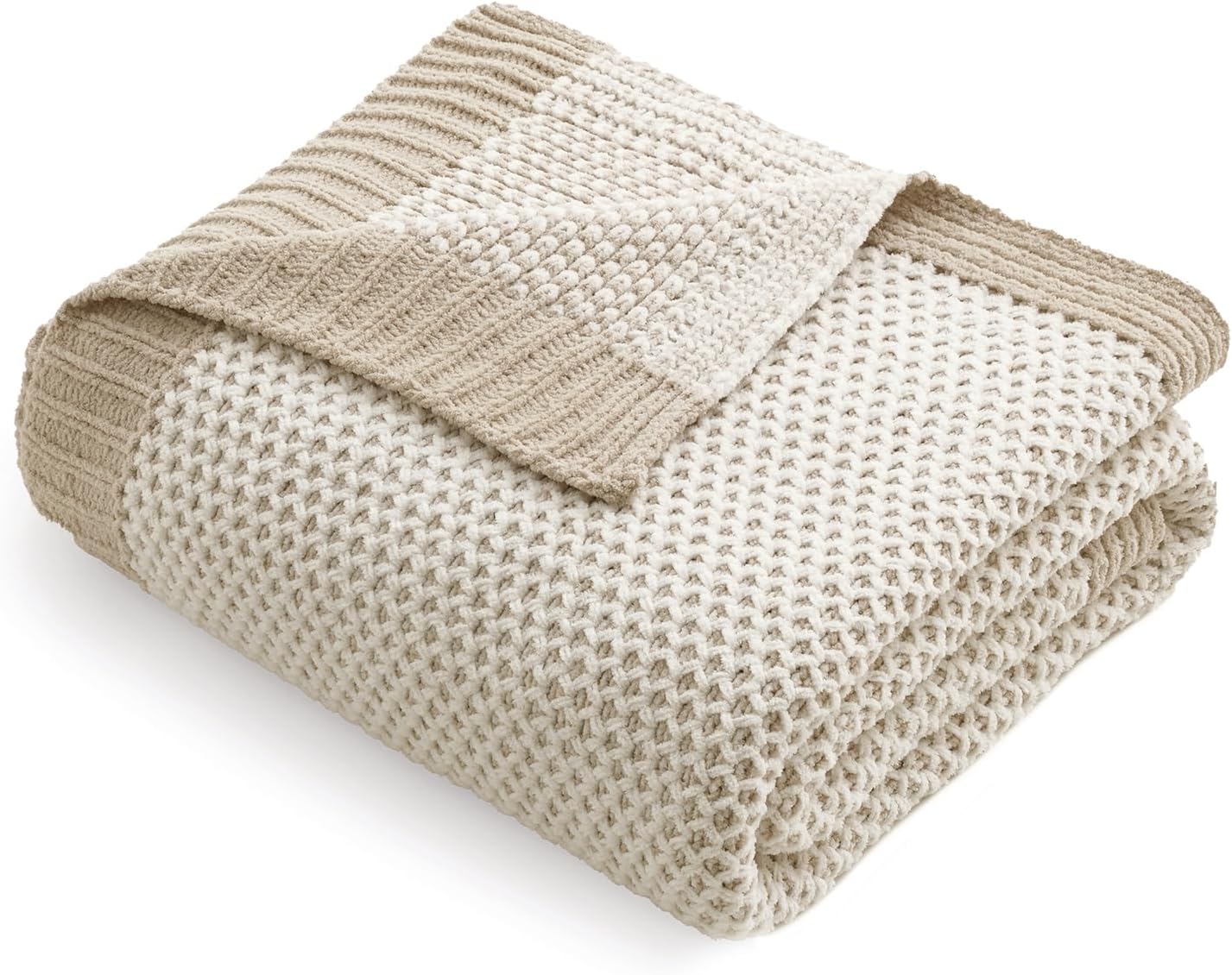 Amélie Home Honeycomb Knit Throw Blanket for Couch, Dual-Sided Soft Chenille Decorative Blankets for Sofa & Chair, 50"x60", Khaki & White