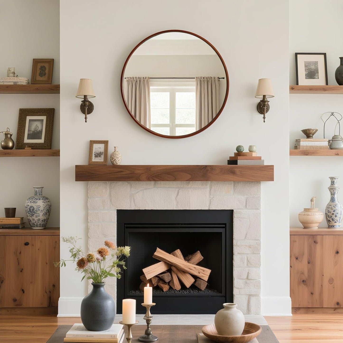 WallBeyond Round Wood Mirror, 32" Round Modern Decoration Large Circle Wall Mirror for Bathroom Living Room Bedroom Entryway, Walnut