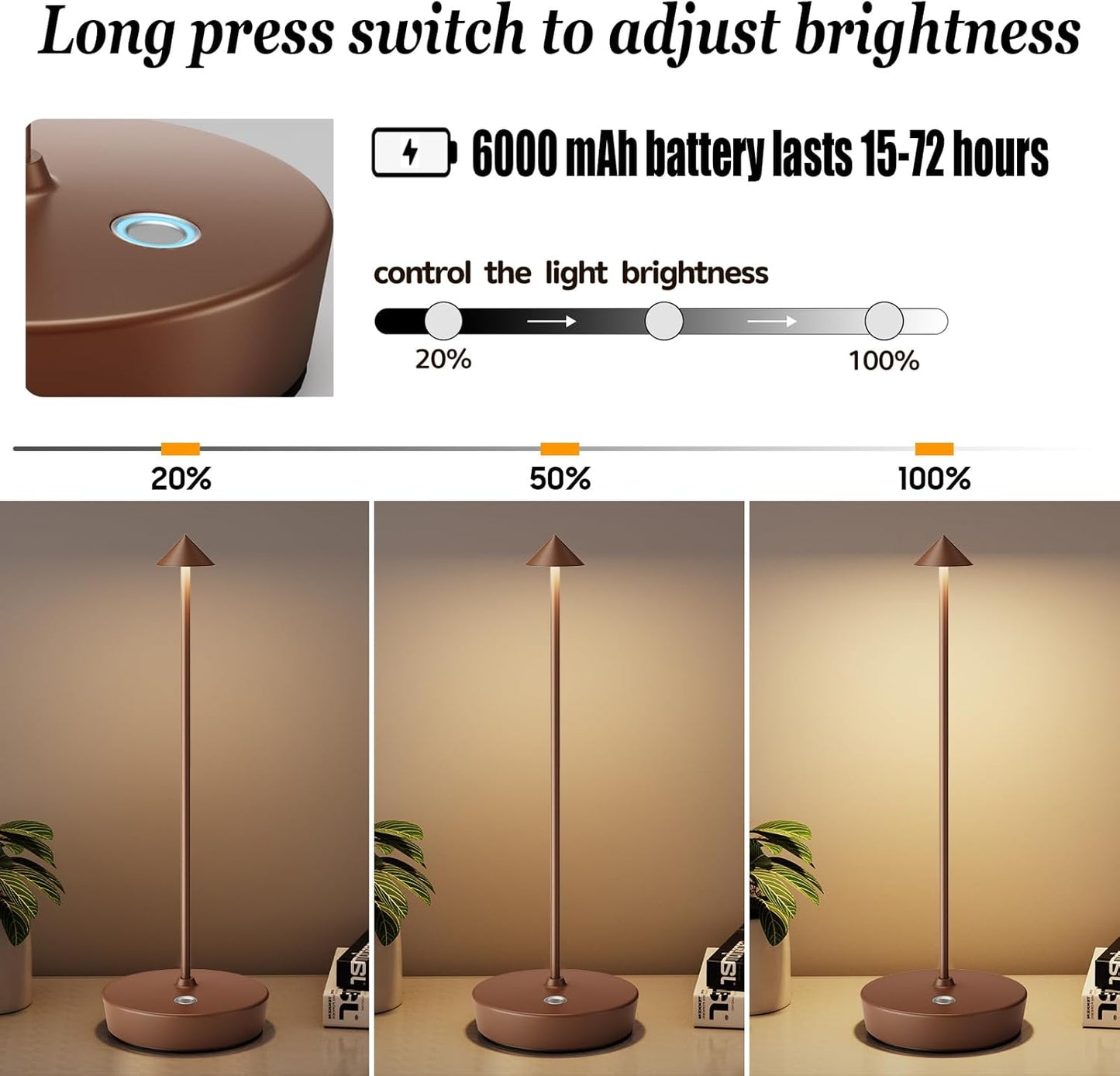 2Pack Rechargeable Cordless Table Lamp, Portable Powered LED Battery 6000mAh Metal USB Desk Lamp, 3 Levels Brightness Light for Restaurants Outdoor (2pack Coffee)