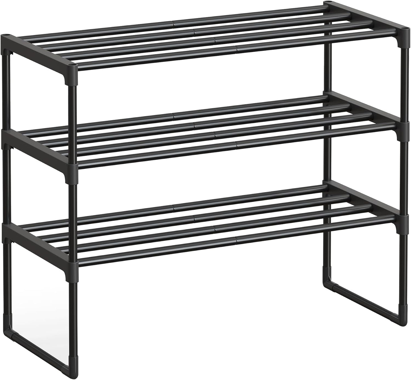 SONGMICS Shoe Rack, 3-Tier Shoe Organizer, Metal Storage Shelf, Upright or Upside Down, for 8-12 Pairs, Stackable, for Entryway, 11.8 x 26.8 x 21.7 Inches, Black ULSA203B01