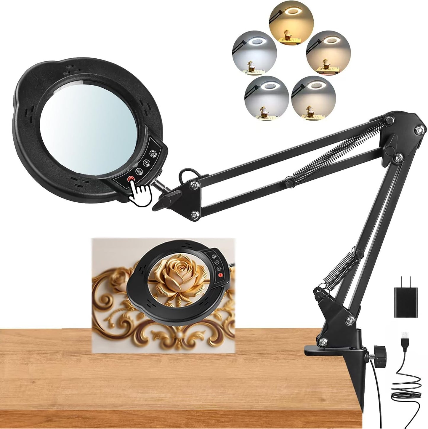 Upgrade 12X Magnifying Glass with Light and Stand, Real Glass Magnifying lamp, 5 Color Modes Stepless Dimmable, 84 LEDs, Magnifier with Light Hands Free for Close Work, Reading Craft Repair