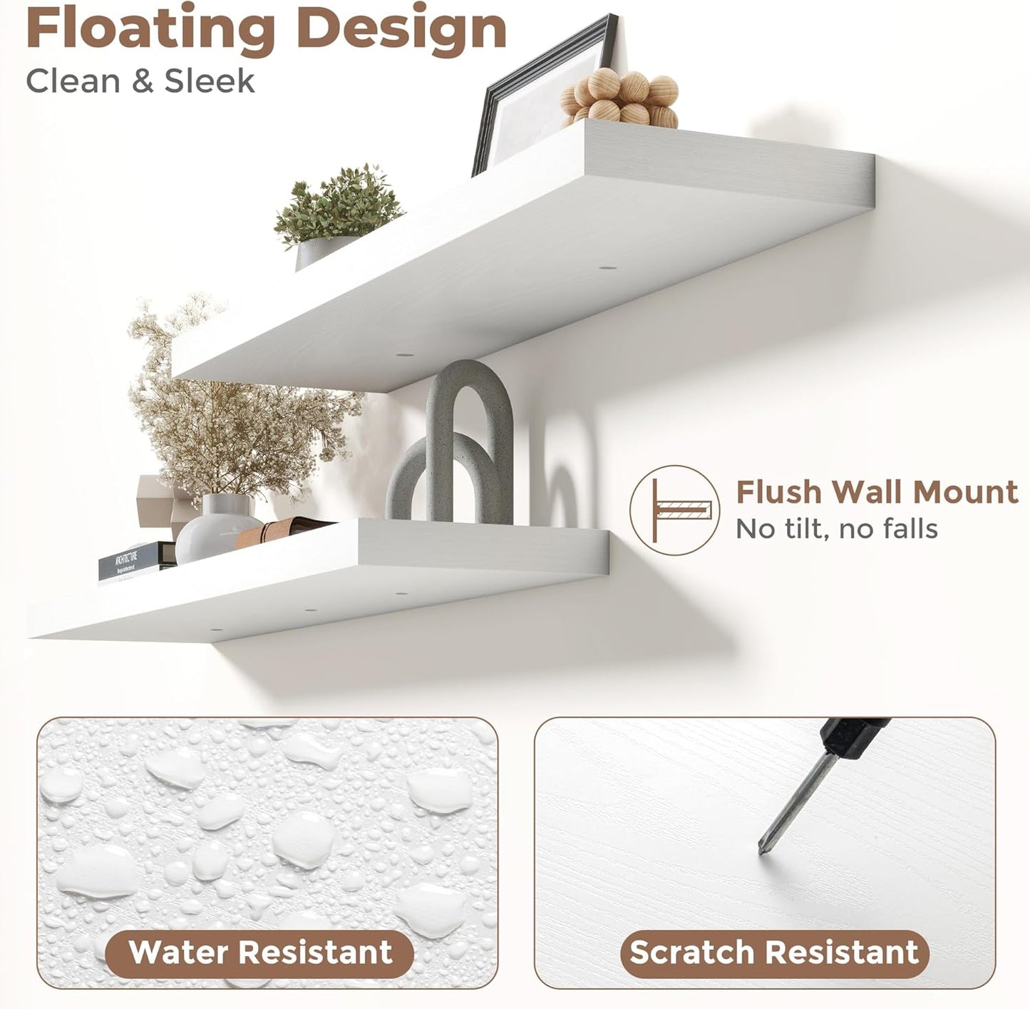 Floating Shelves for Wall with Invisible Brackets, Wall Mounted Engineered Wood Shelves with Wood Grain for Living Room, Bedroom, Bathroom, Kitchen Decor and Storage, Oak, 40"L Set of 2, White