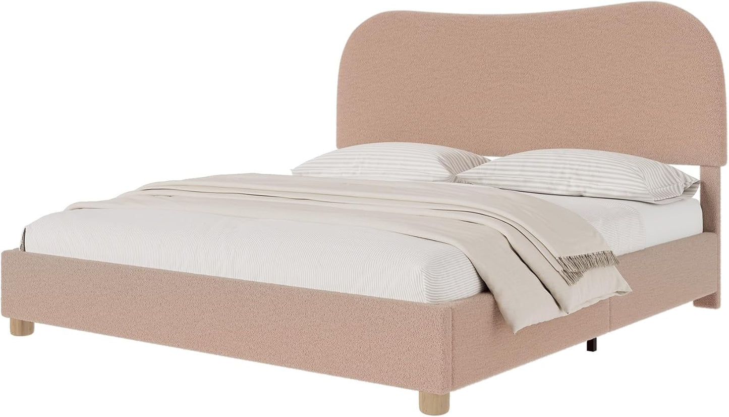 AMERLIFE King Size Upholstered Boucle Bed Frame, Soft Cloud Platform Bed with Adjustable Headboard, Modern Design, Rounded Corners, Rubberwood Legs, No Box Spring Needed, Easy Assembly, Beige