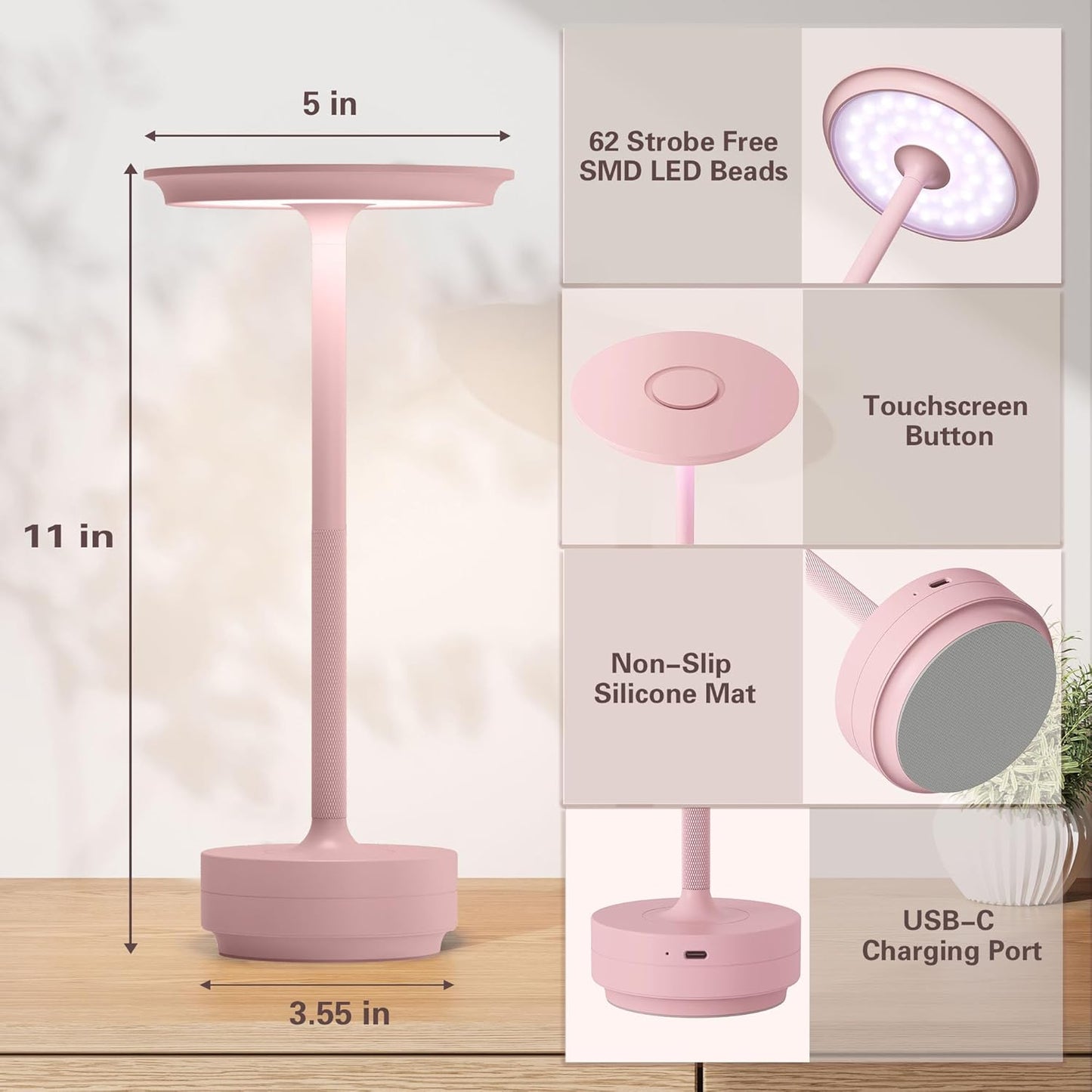 Cordless Table Lamp Set of 2, Type-C Rechargeable 5000mAh Battery Powered LED Table Lamps with Memory Function,3 Color Stepless Dimming for Outdoor Patio, Restaurant, Cafe(2P Pink)