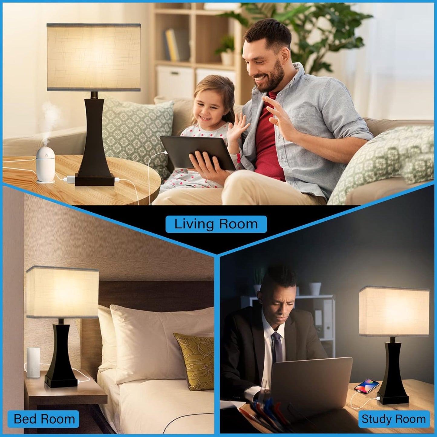 Table Lamp for Bedroom 3-Way Dimmable Touch Control Bedside Lamp with USB A+C Port & AC Outlet 21.6" Tall Nightstand Lamp for Living Room Office and Hotel Bulb Included