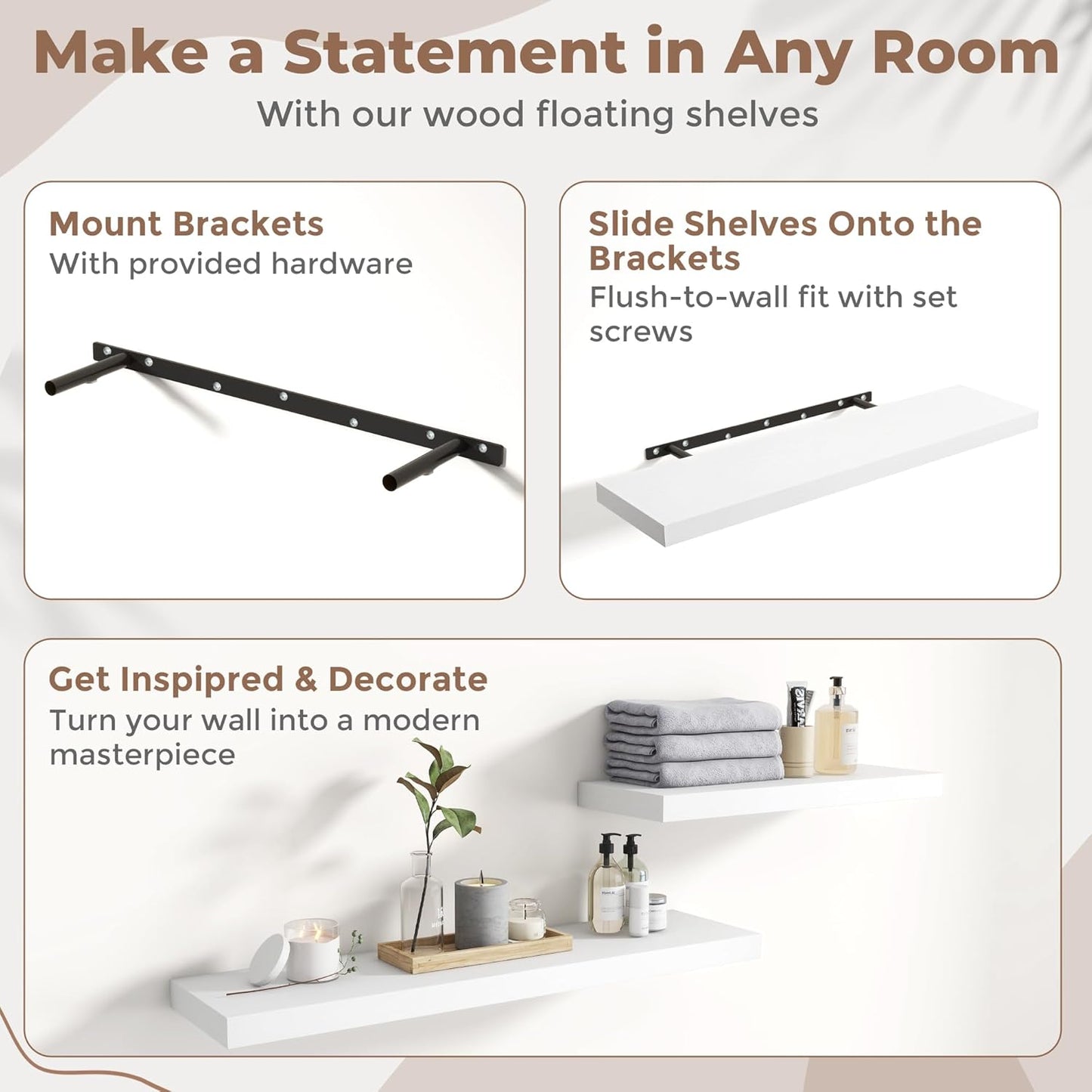 Floating Shelves for Wall with Invisible Brackets, Wall Mounted Engineered Wood Shelves with Wood Grain for Living Room, Bedroom, Bathroom, Kitchen Decor and Storage, Oak, 12"L Set of 3, White