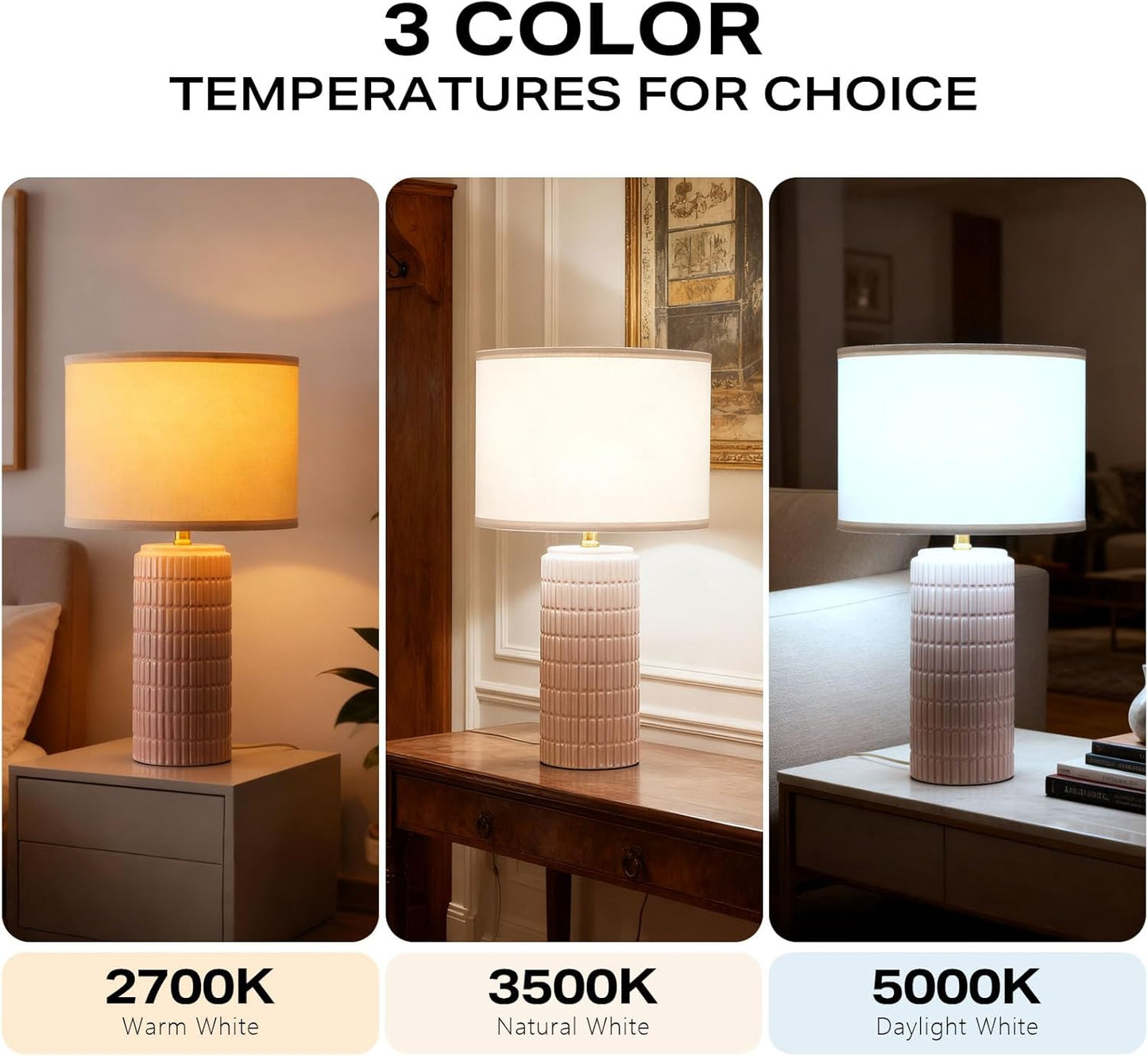 Modern Ceramic Table Lamp Set of 2, Bedside Lamp for Bedroom Decor, Nightstand Lamp with 3 Color Temperatures, Desk Light for Living Room Dorm Office, Pink